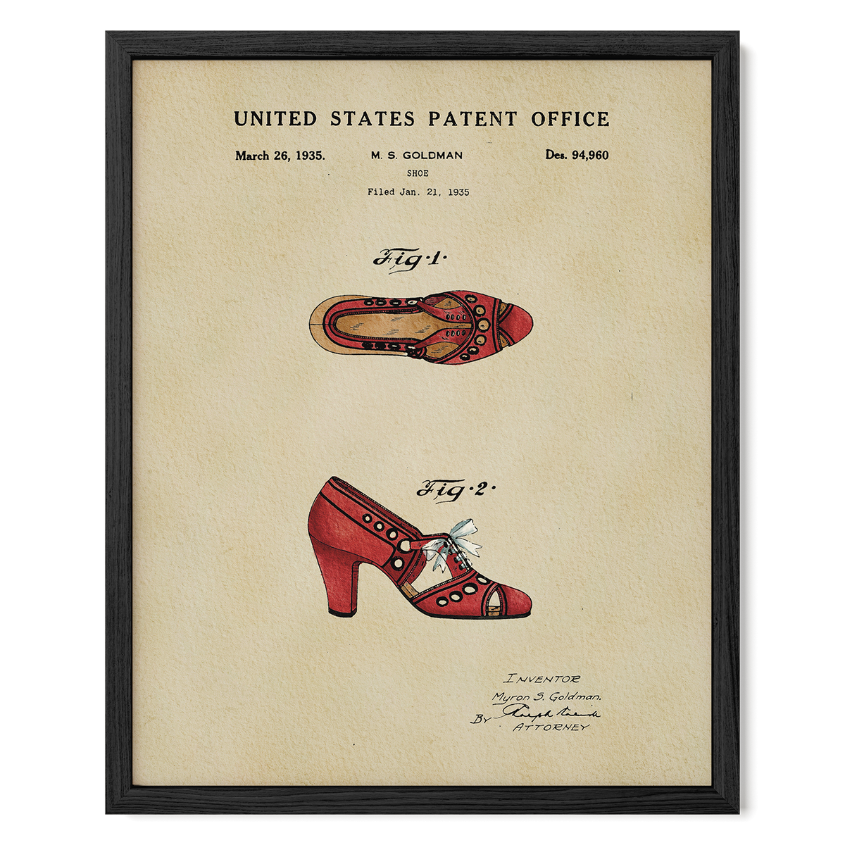 The image is a framed patent drawing depicting a pair of red high-heeled shoes, with the title "United States Patent Office" and the date "March 26, 1935" at the top.