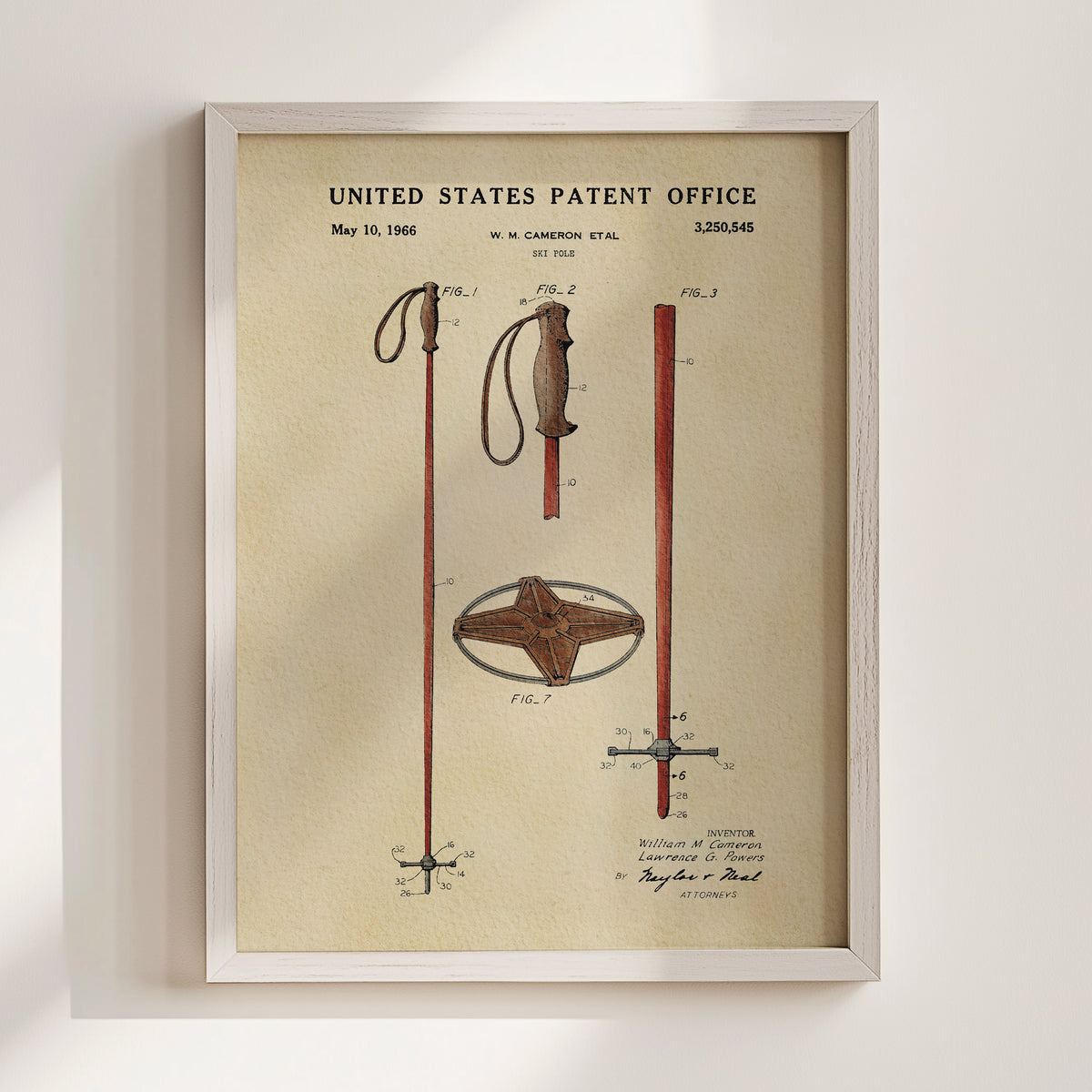 The image is a framed patent drawing depicting a pair of ski poles with a cross-shaped attachment, as well as a cross-shaped attachment.