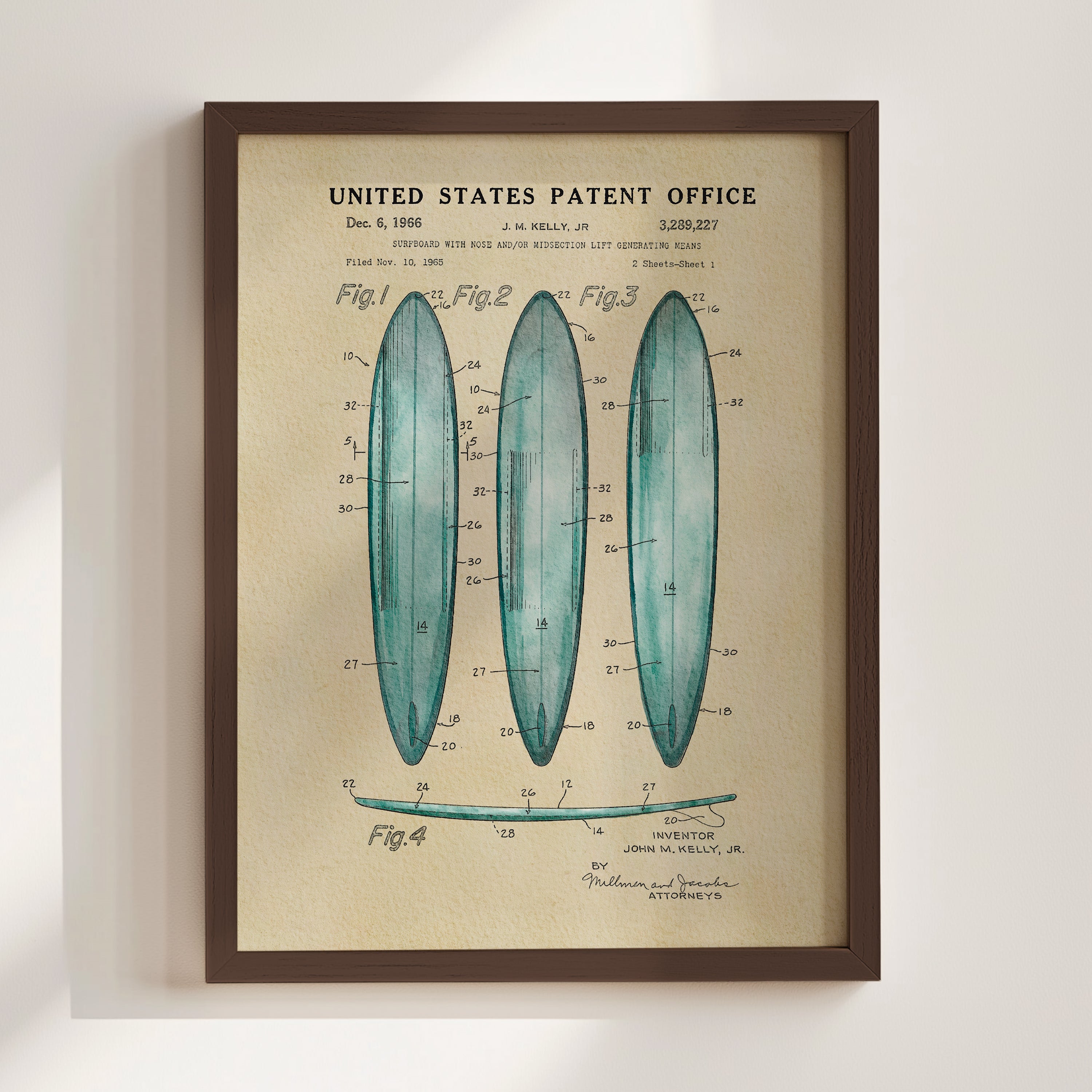 The image is a framed vintage patent drawing depicting three blue surfboards with detailed technical drawings and labels.