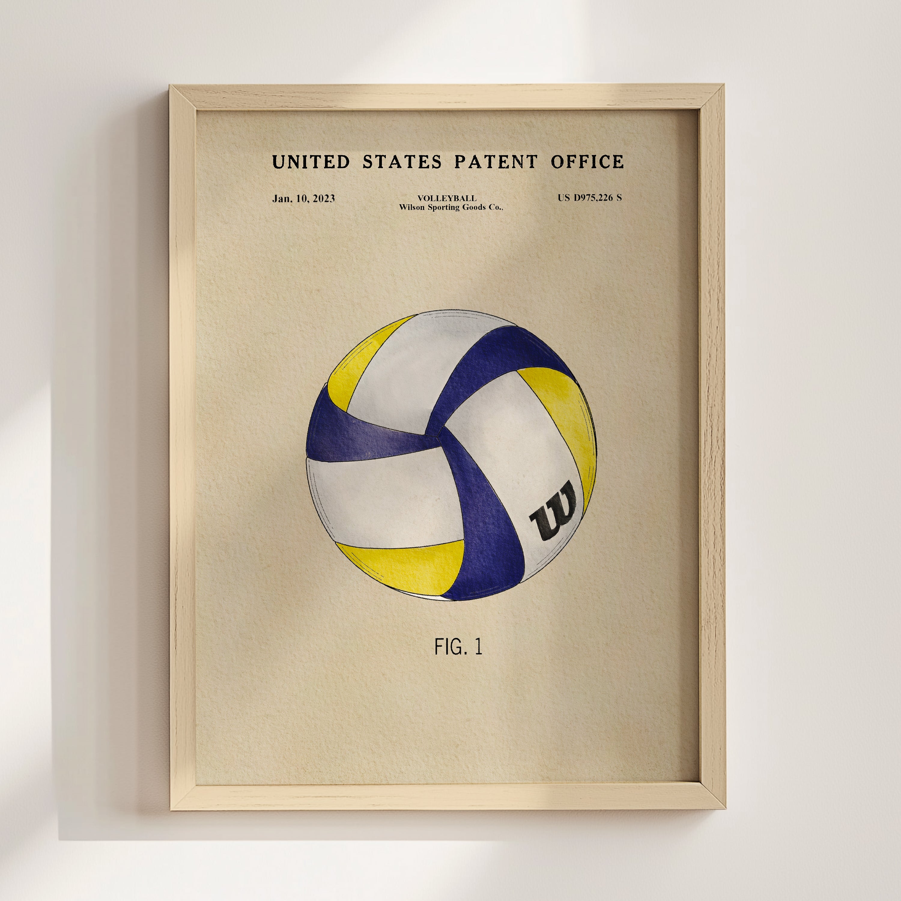 The image is a framed print of a volleyball patent from the United States Patent Office, dated January, 10, 2013, and featuring a drawing of a volleyball.