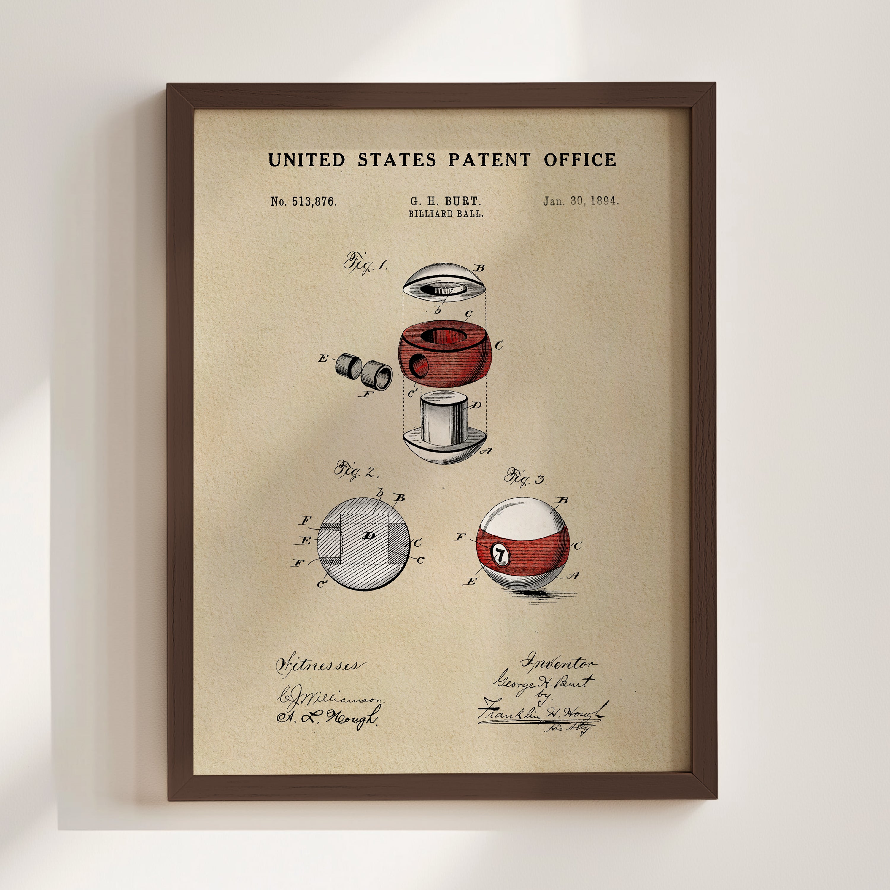 The image is a framed patent drawing depicting a red and white ball with a hole in the center, along with other technical drawings and annotations.