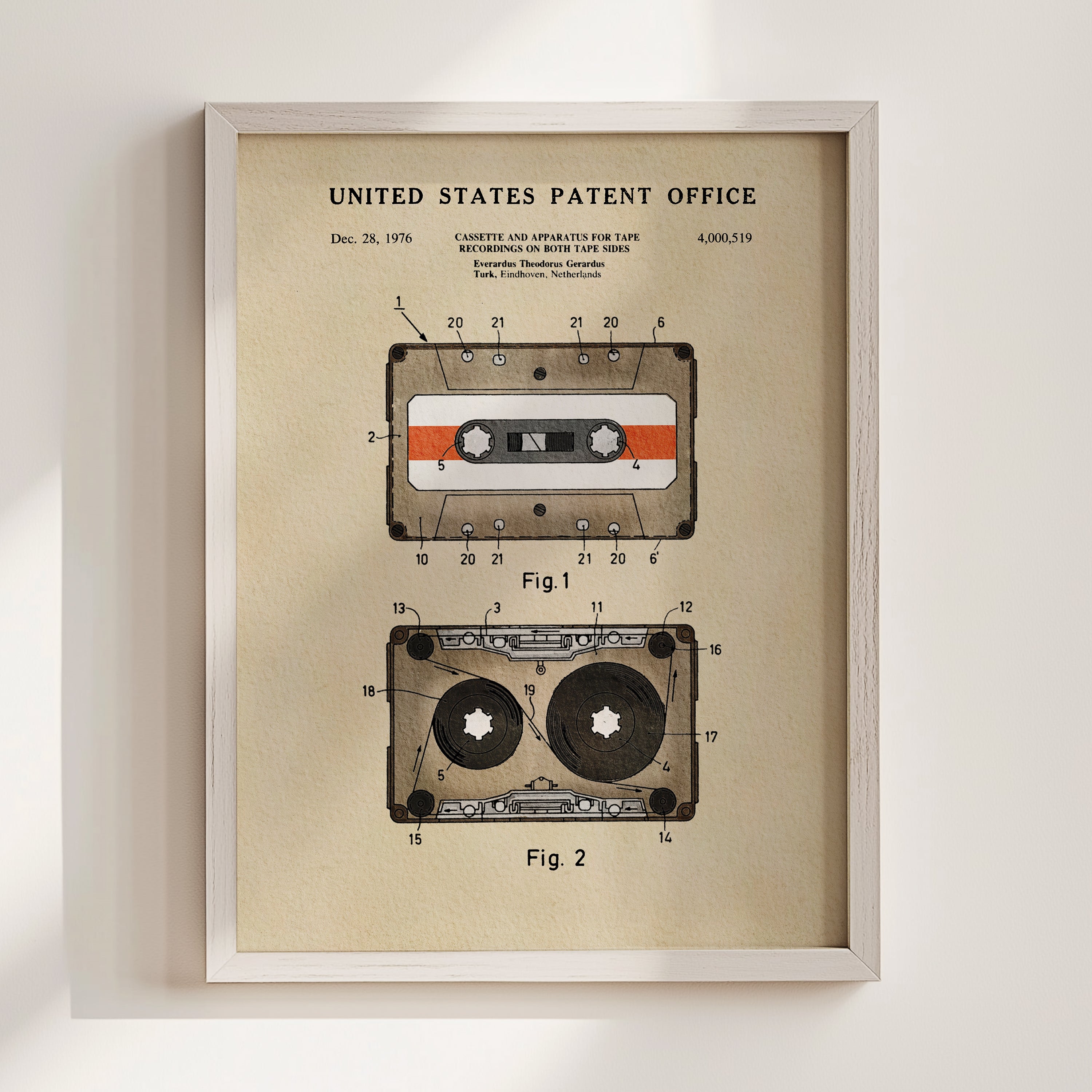 The image is a framed patent drawing depicting a cassette tape and a compact disc (CD) with a diagram and text.