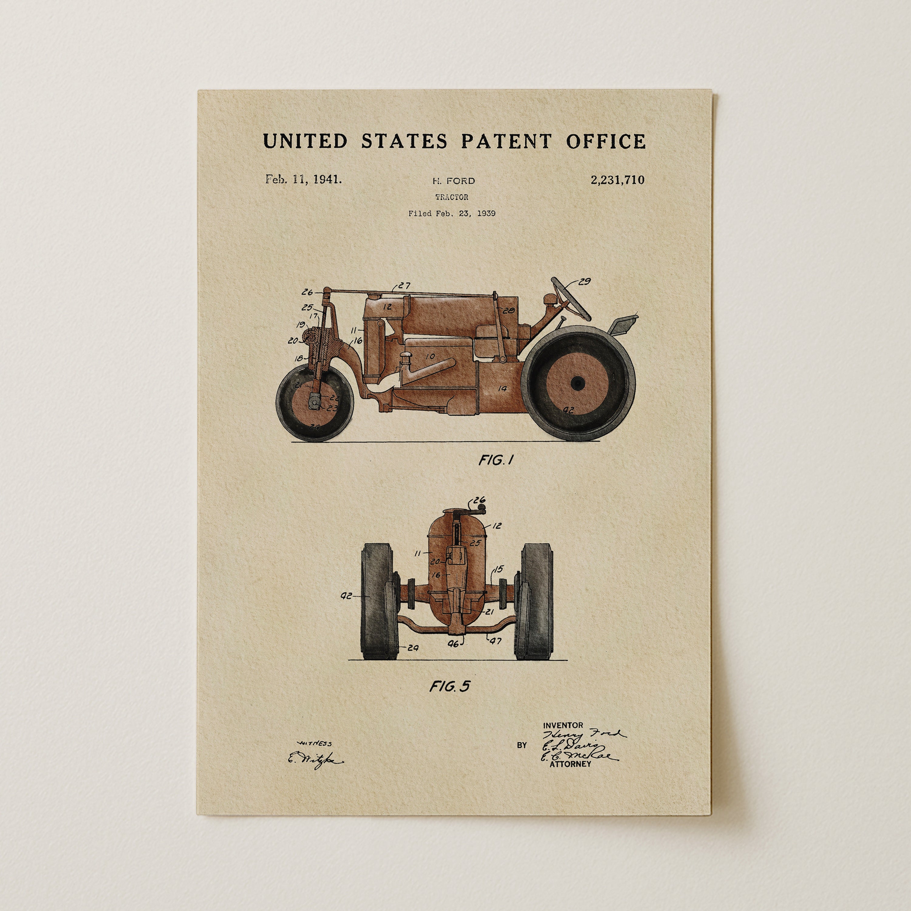 The image is a patent drawing of a tractor, depicting its design and features.
