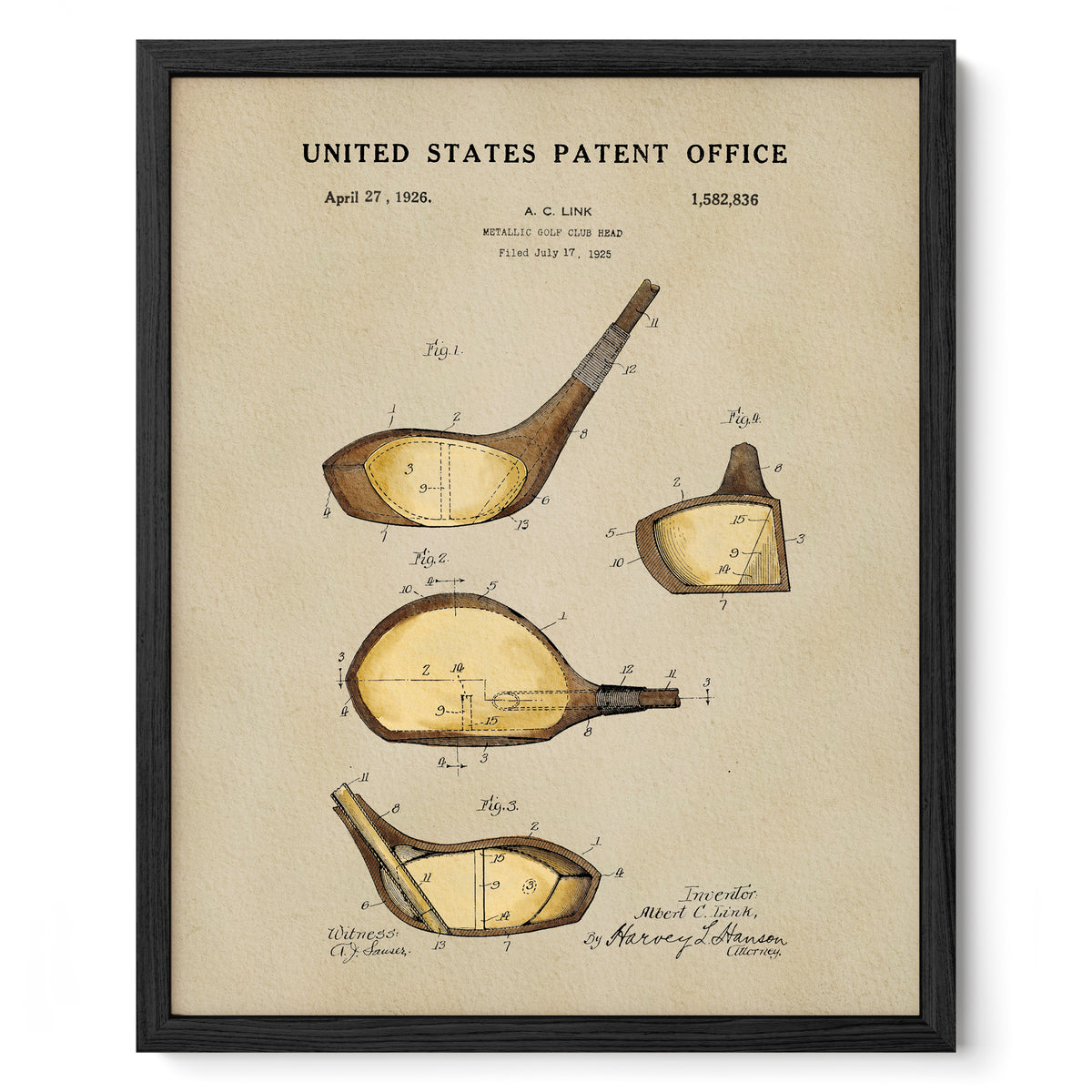 The image is a framed vintage patent drawing of a golf club, depicting the club's design and features.