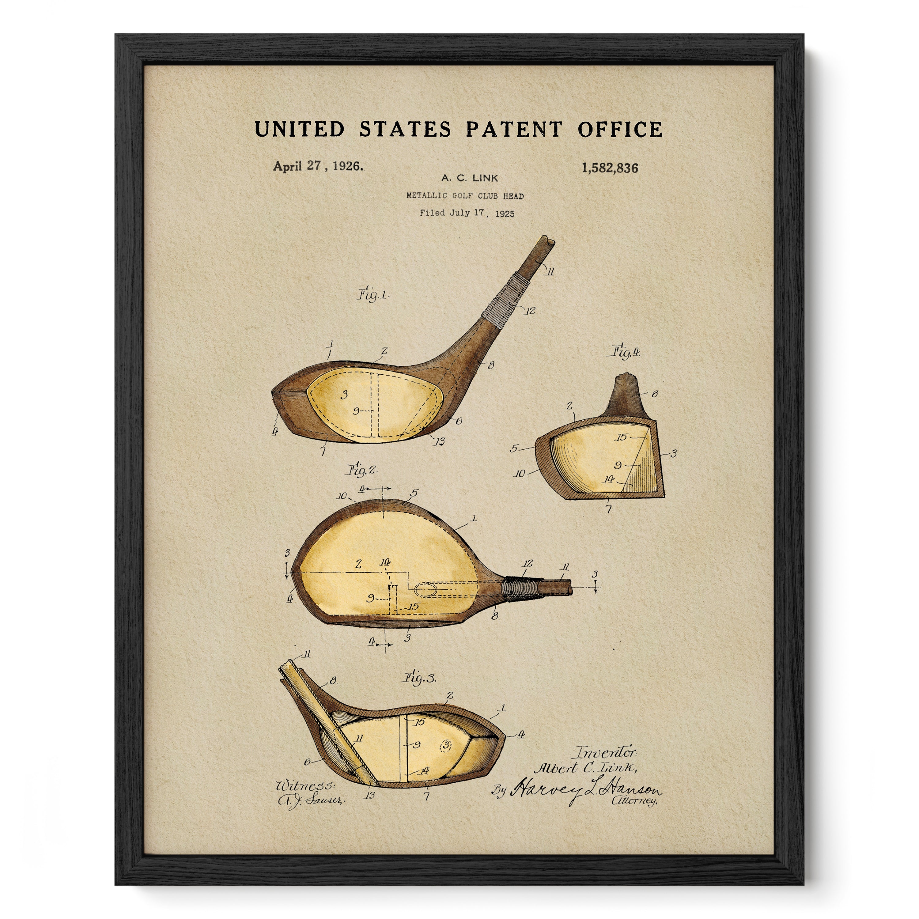 The image is a framed vintage patent drawing of a golf club, depicting the club's design and features.