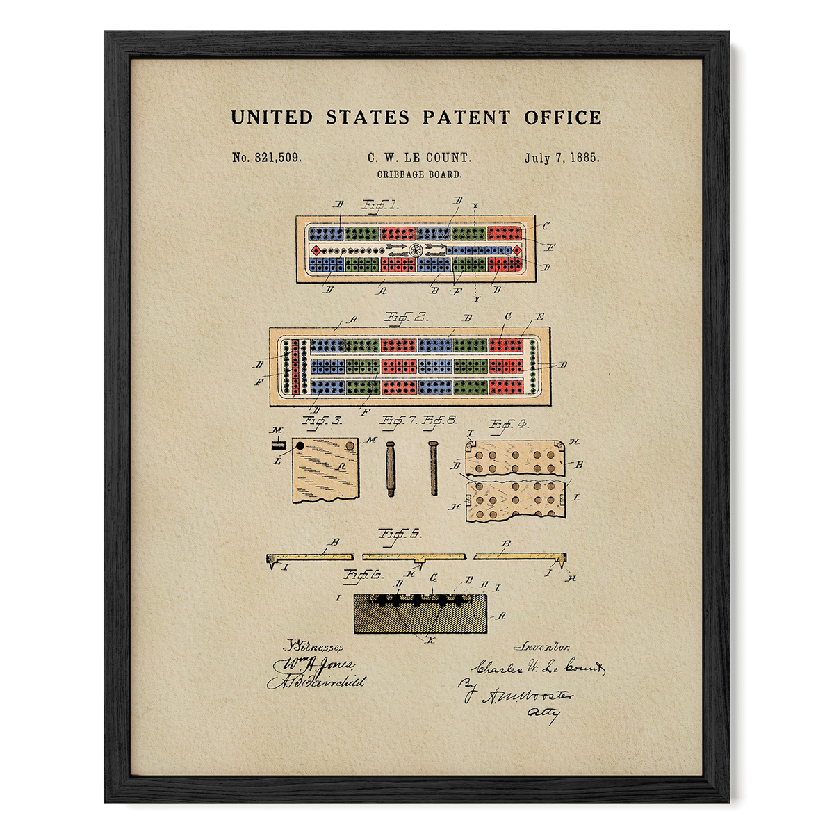 The image is a framed patent drawing from the United States Patent Office, depicting a cribbage board with various components and parts.