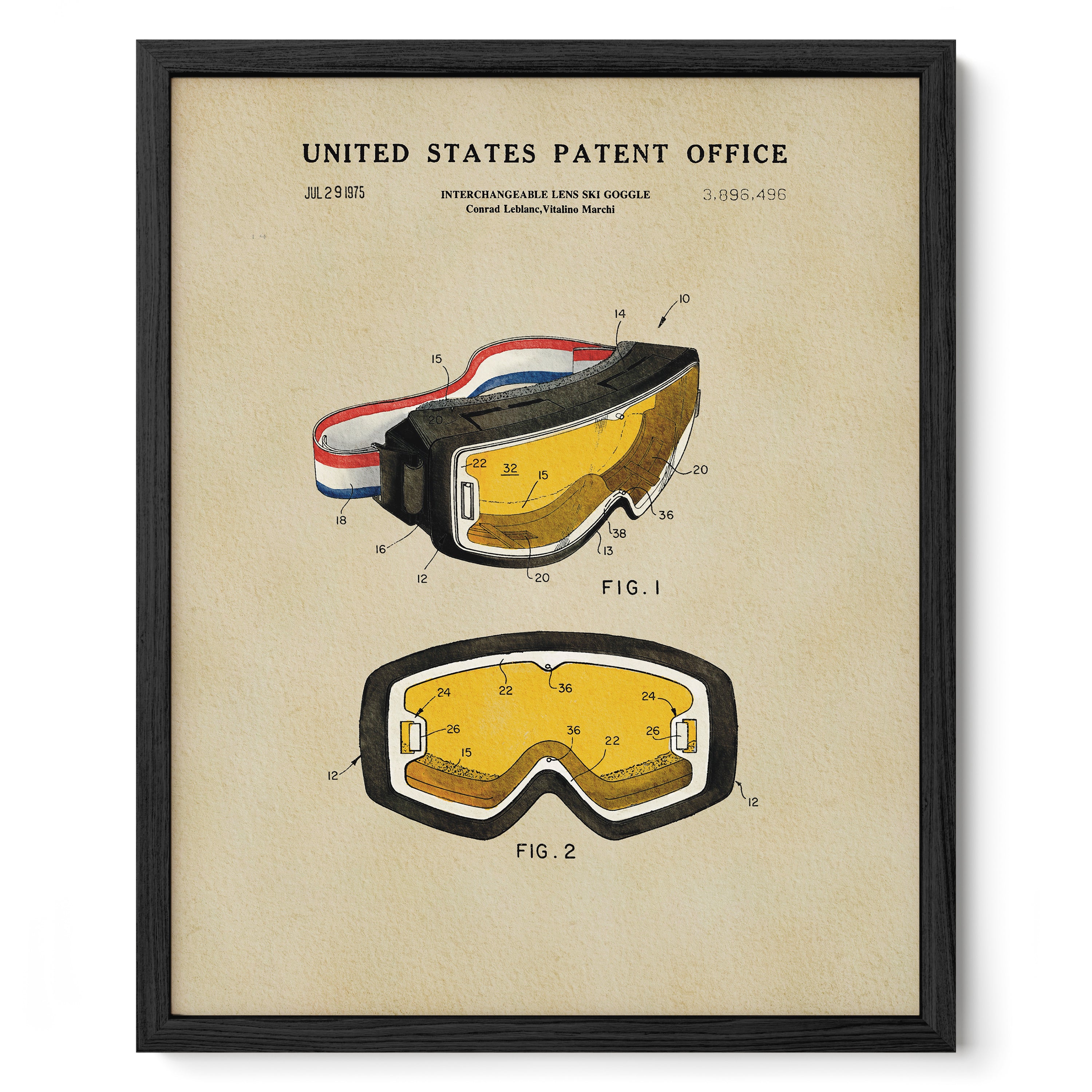 The image is a framed print featuring a pair of goggles with a detailed technical drawing and patent filing information.