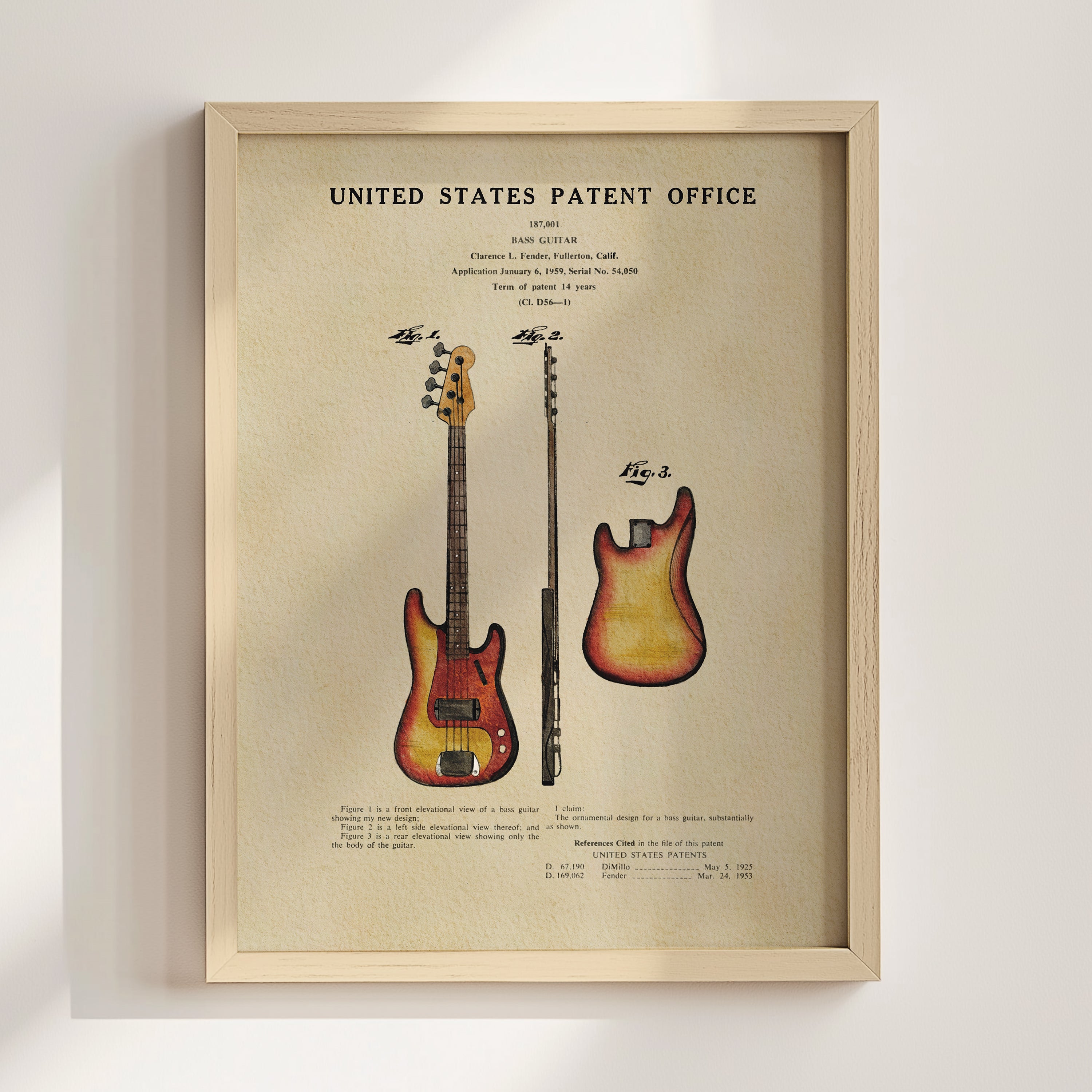 The image is a framed print of a guitar patent from the United States Patent Office, featuring two different types of electric guitars.