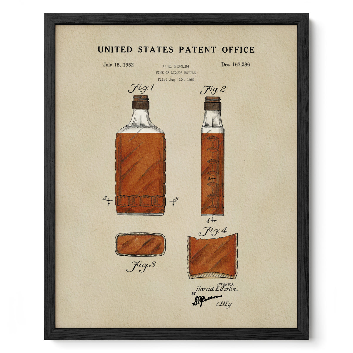 The image is a framed patent drawing depicting two bottles of liquor, with accompanying drawings and text.