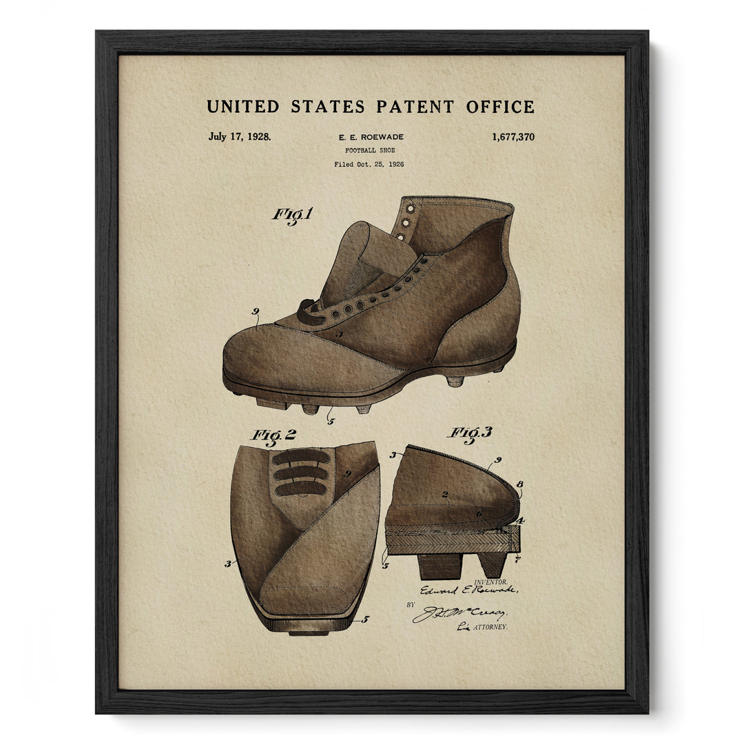 The image is a framed patent drawing of a pair of football cleats from the United States Patent Office, dated July 17, 1928.