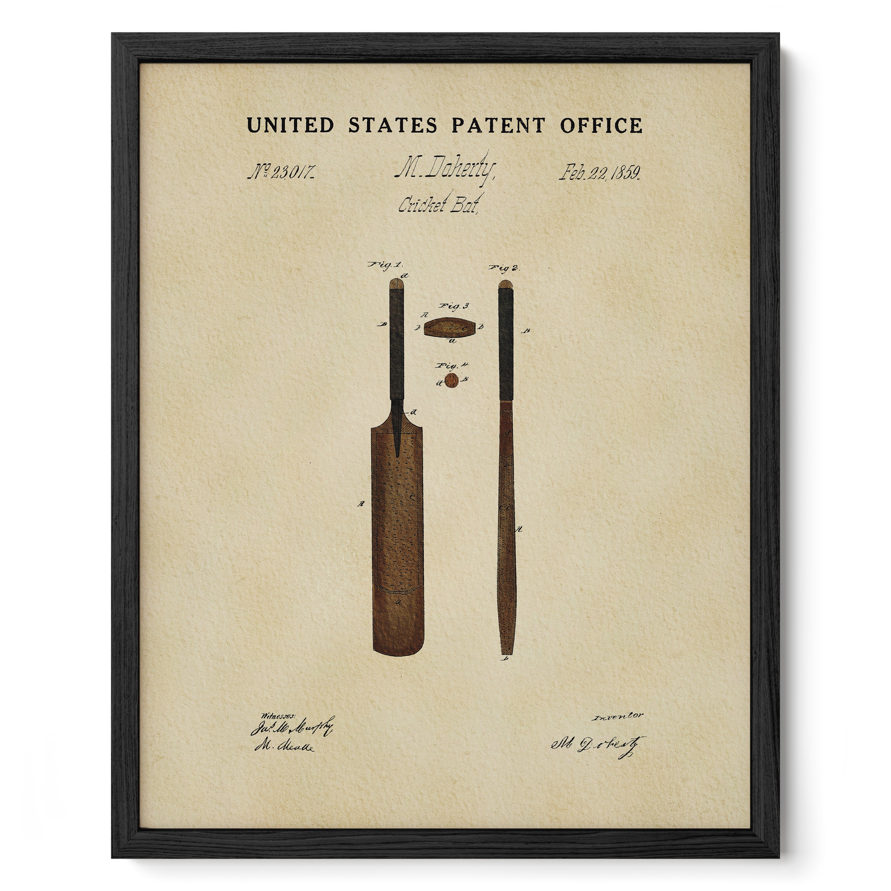 The image is a framed print depicting a cricket bat and ball, with the title 