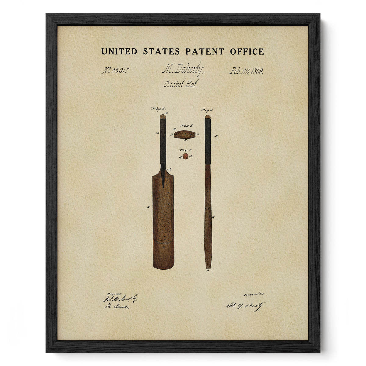 The image is a framed print depicting a cricket bat and ball, with the title "United States Patent Office" and the date "Feb 28 1839" printed above it.