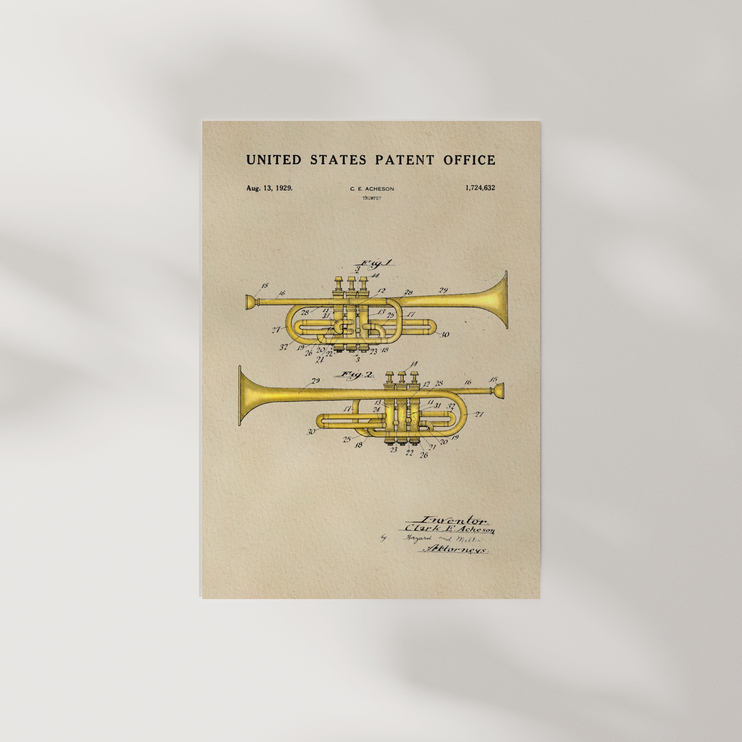 The image is a patent drawing of a trumpet from the United States Patent Office, dated August 13, 1923, and it features a detailed illustration of the trumpet's design.