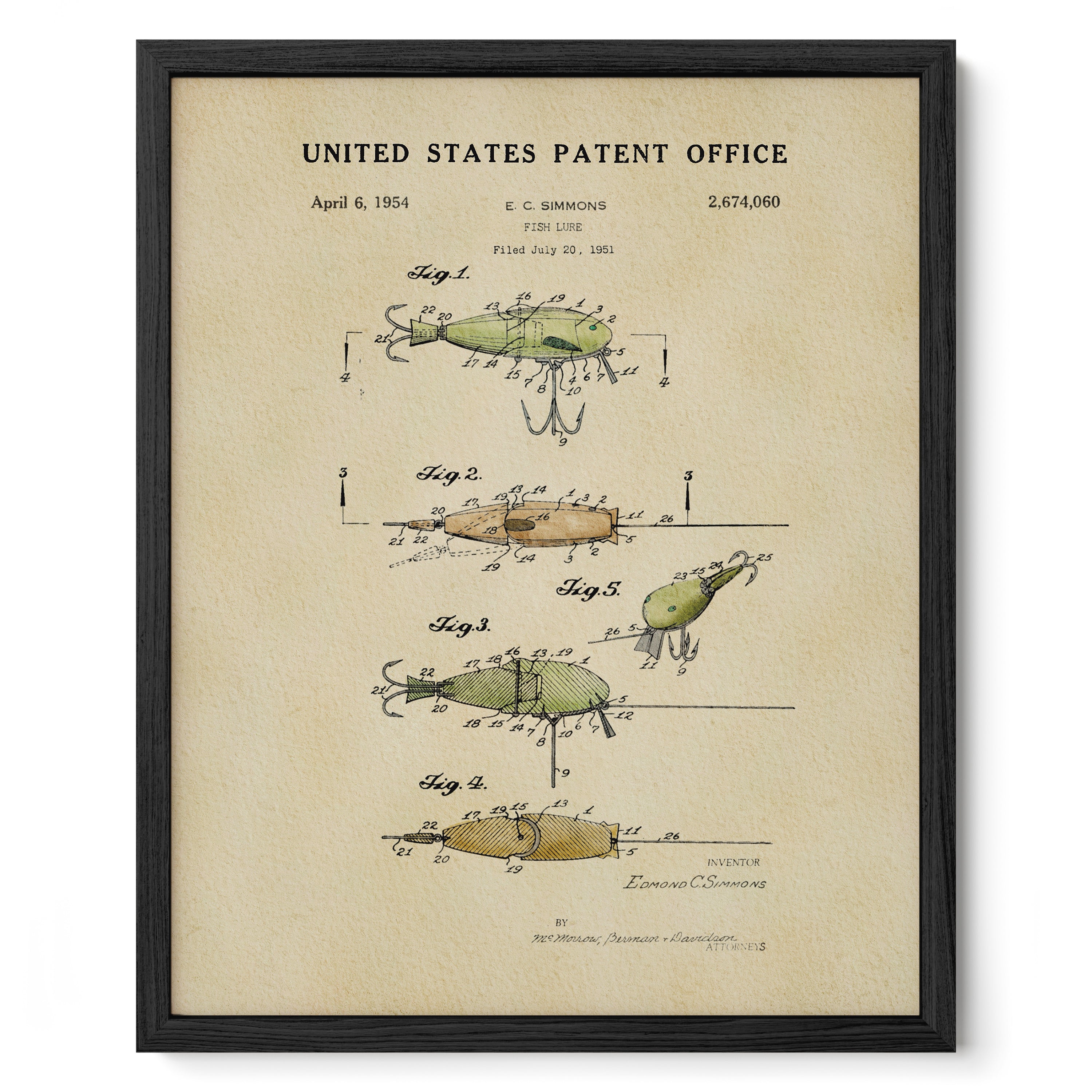 The image is a framed vintage patent drawing depicting a fishing lure, likely from the United States Patent Office in 1954.