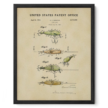The image is a framed vintage patent drawing depicting a fishing lure, likely from the United States Patent Office in 1954.