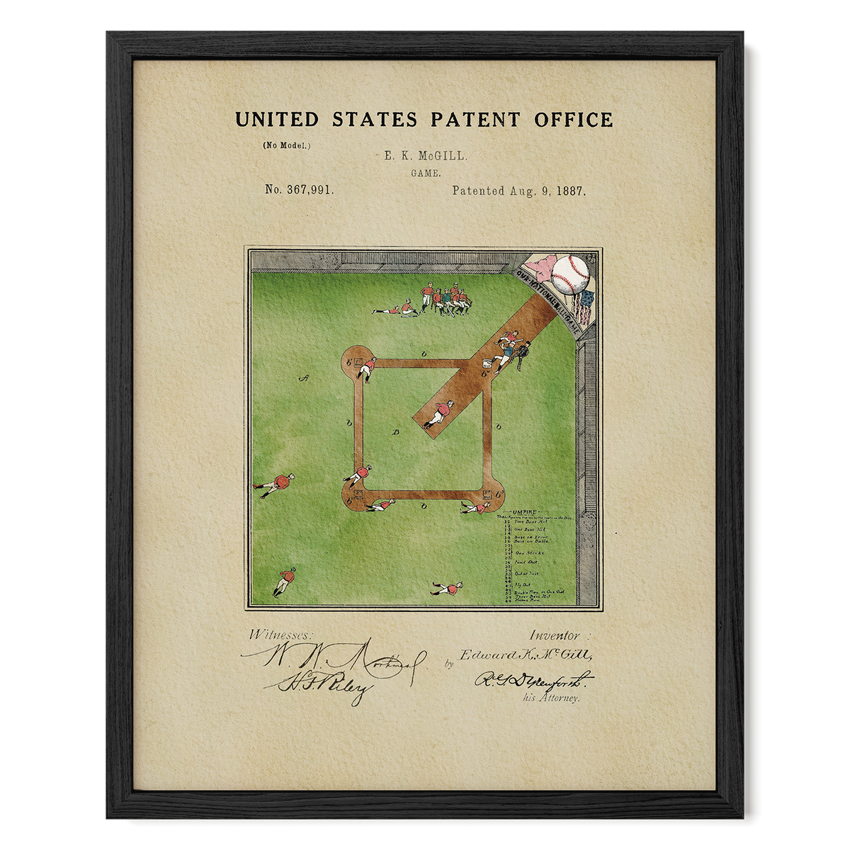 The image is a framed patent application from the United States Patent Office, dated August 9, 1887, for a baseball game.