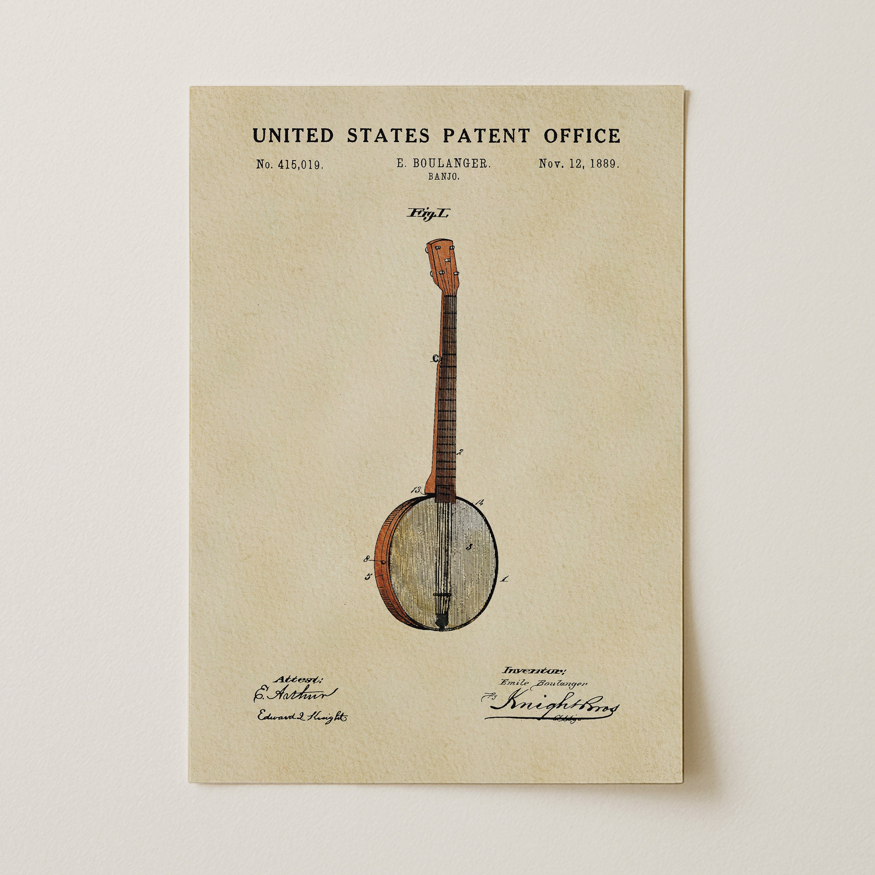 The image is a patent drawing of a banjo, which is a musical instrument.