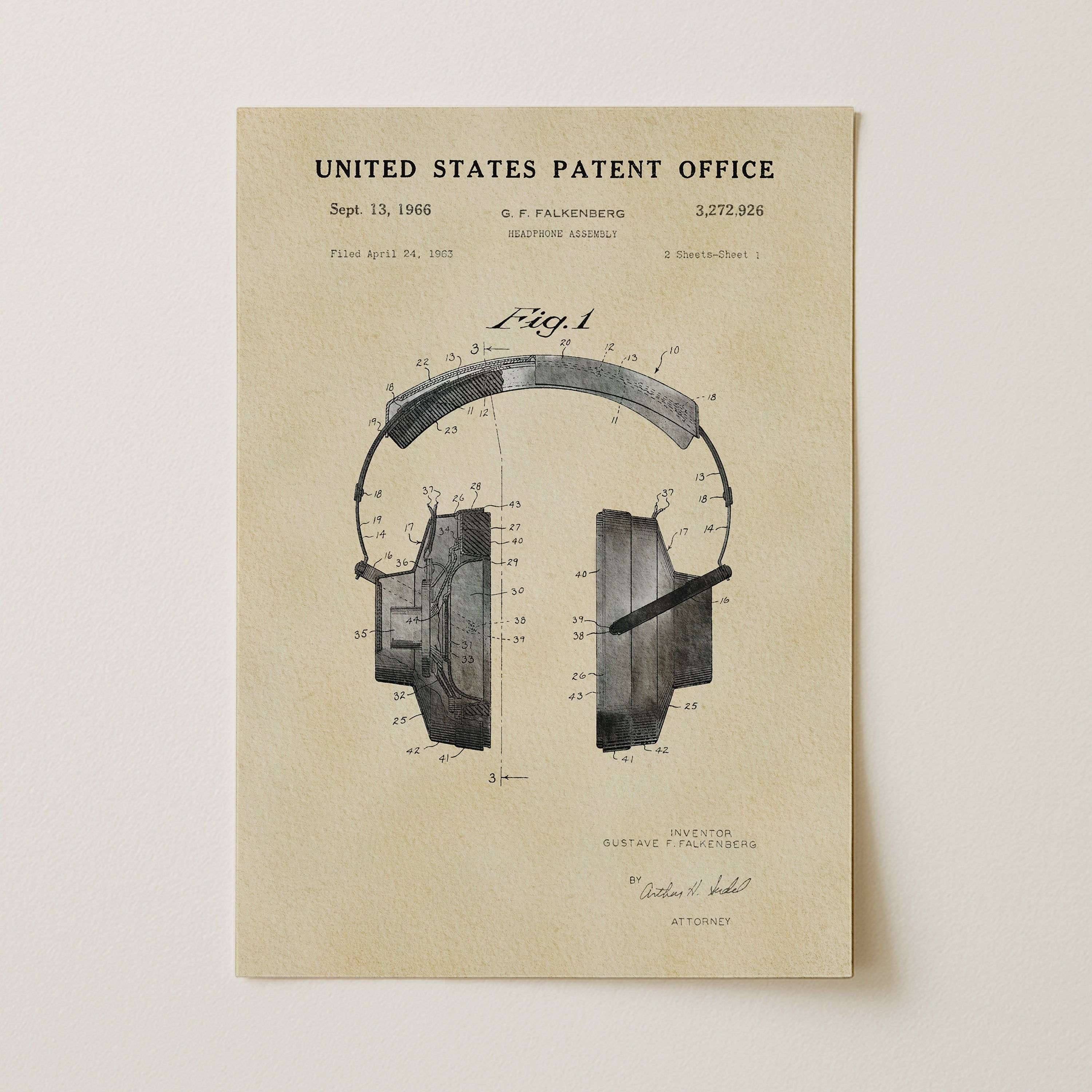 The image is a patent application from the United States Patent Office, dated September 13, 1966, and filed on April 24, 2003. It features a detailed drawing of a pair of headphones, along with the patent number 227329.