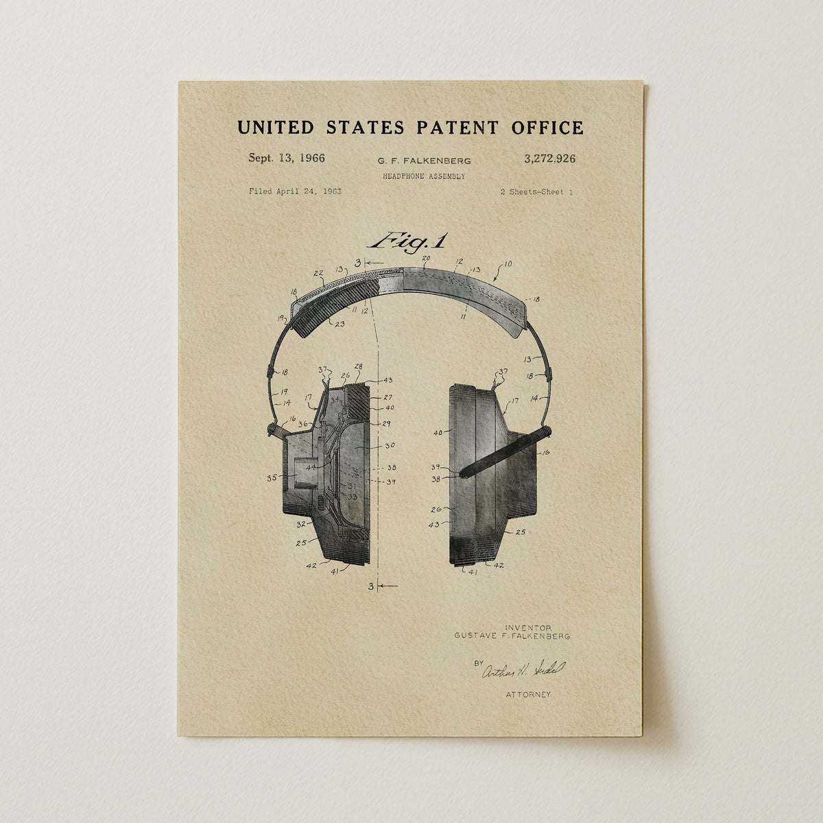 The image is a patent application from the United States Patent Office, dated September 13, 1966, and filed on April 24, 2003. It features a detailed drawing of a pair of headphones, along with the patent number 227329.