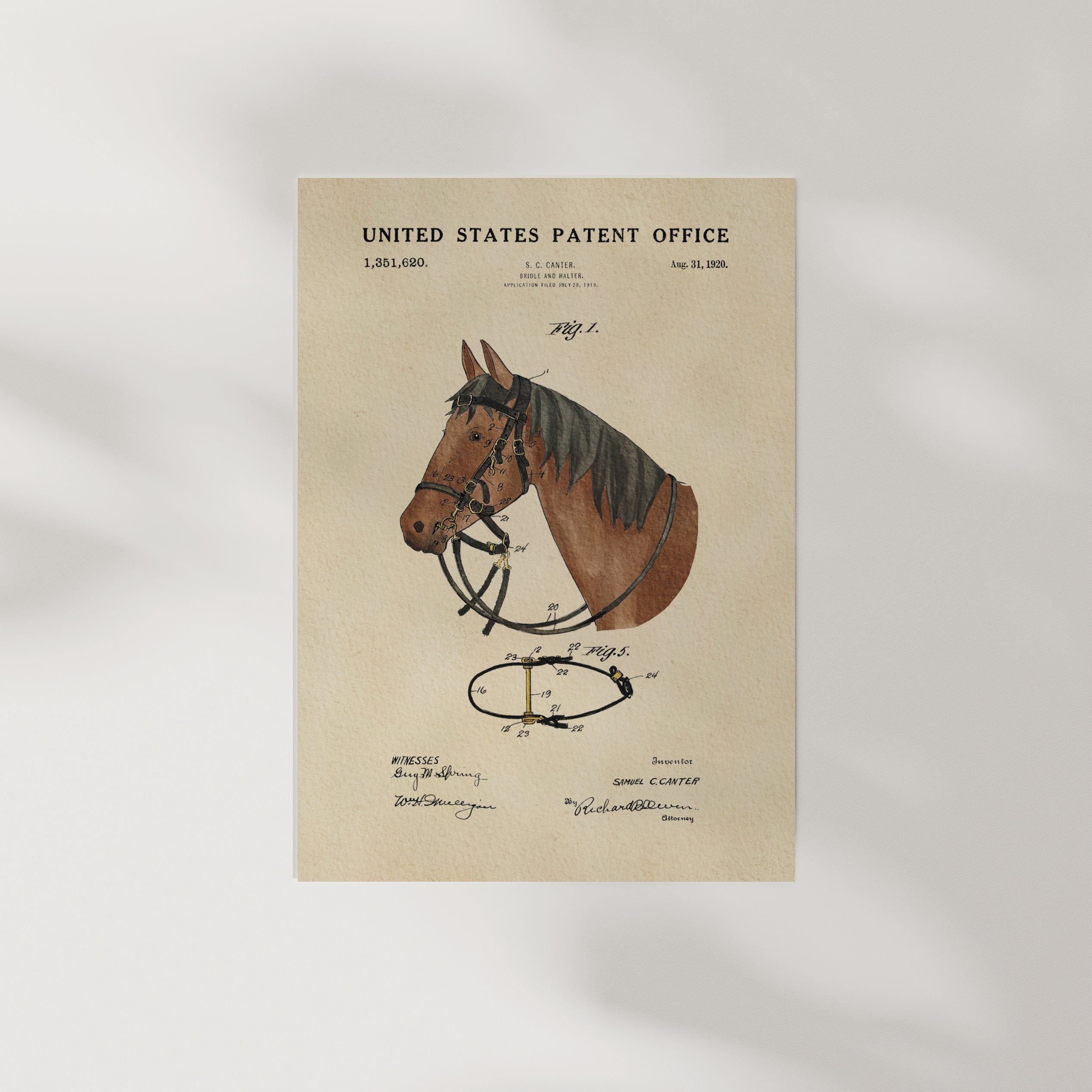 The image is a patent drawing of a horse, depicting a bridle and a headstall.