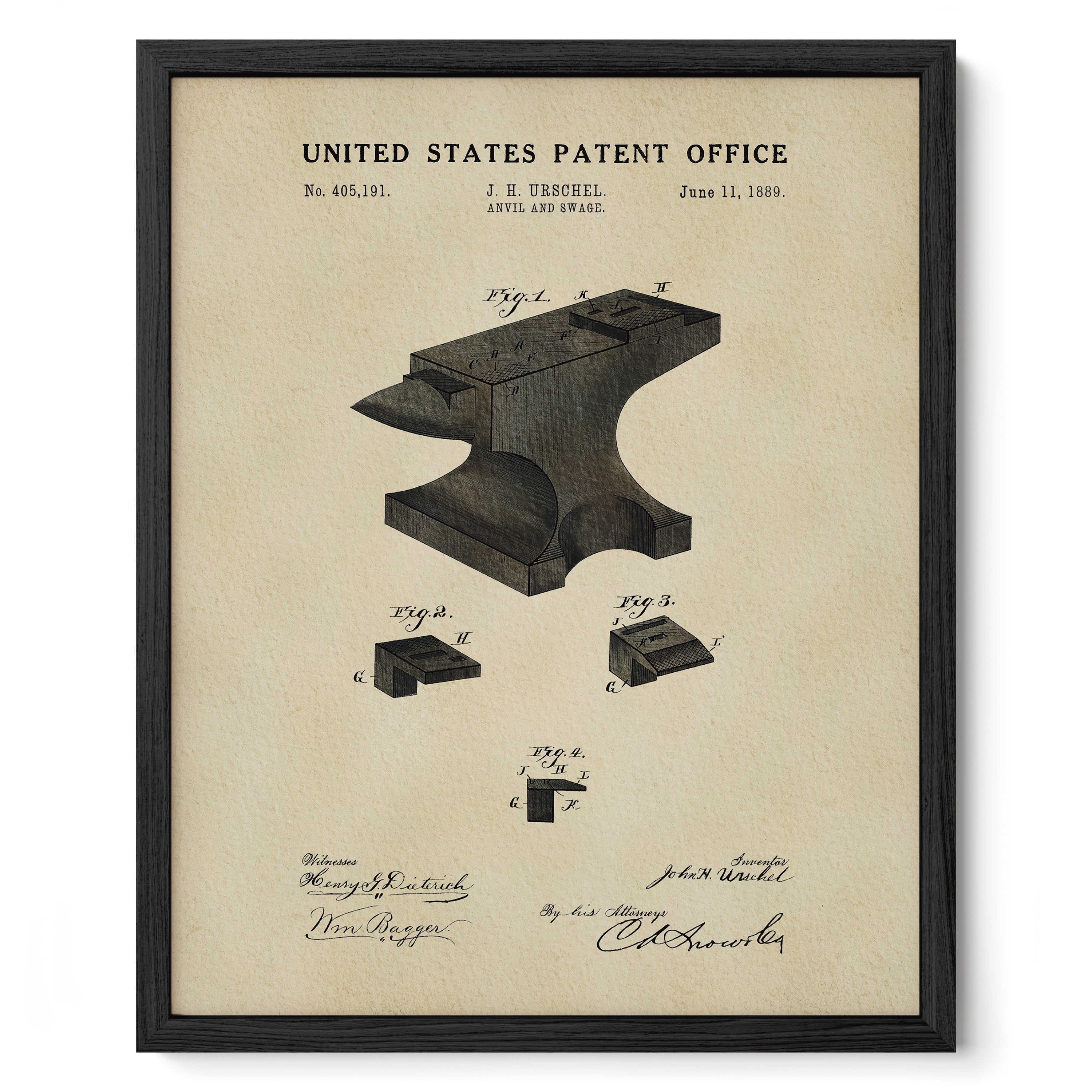 The image is a framed vintage patent drawing depicting a forge and forge tools, with the United States Patent Office and the date June 11, 1859 as indicated.