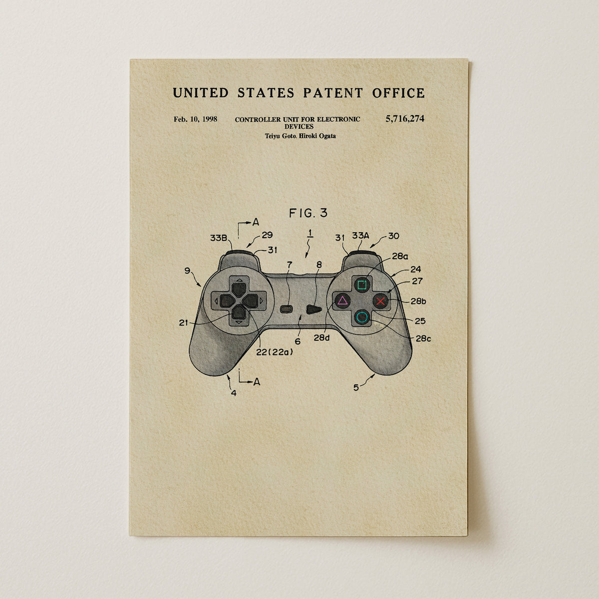 The image is a patent drawing of a joystick, depicting the controls and features of the joystick in a technical drawing style.