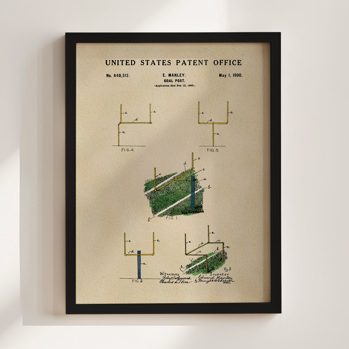The image is a framed print of a United States patent office patent from May 1, 1900, titled "E. M. Bailey. Football Post". The print features a diagram of a football post and a diagram of a football field.