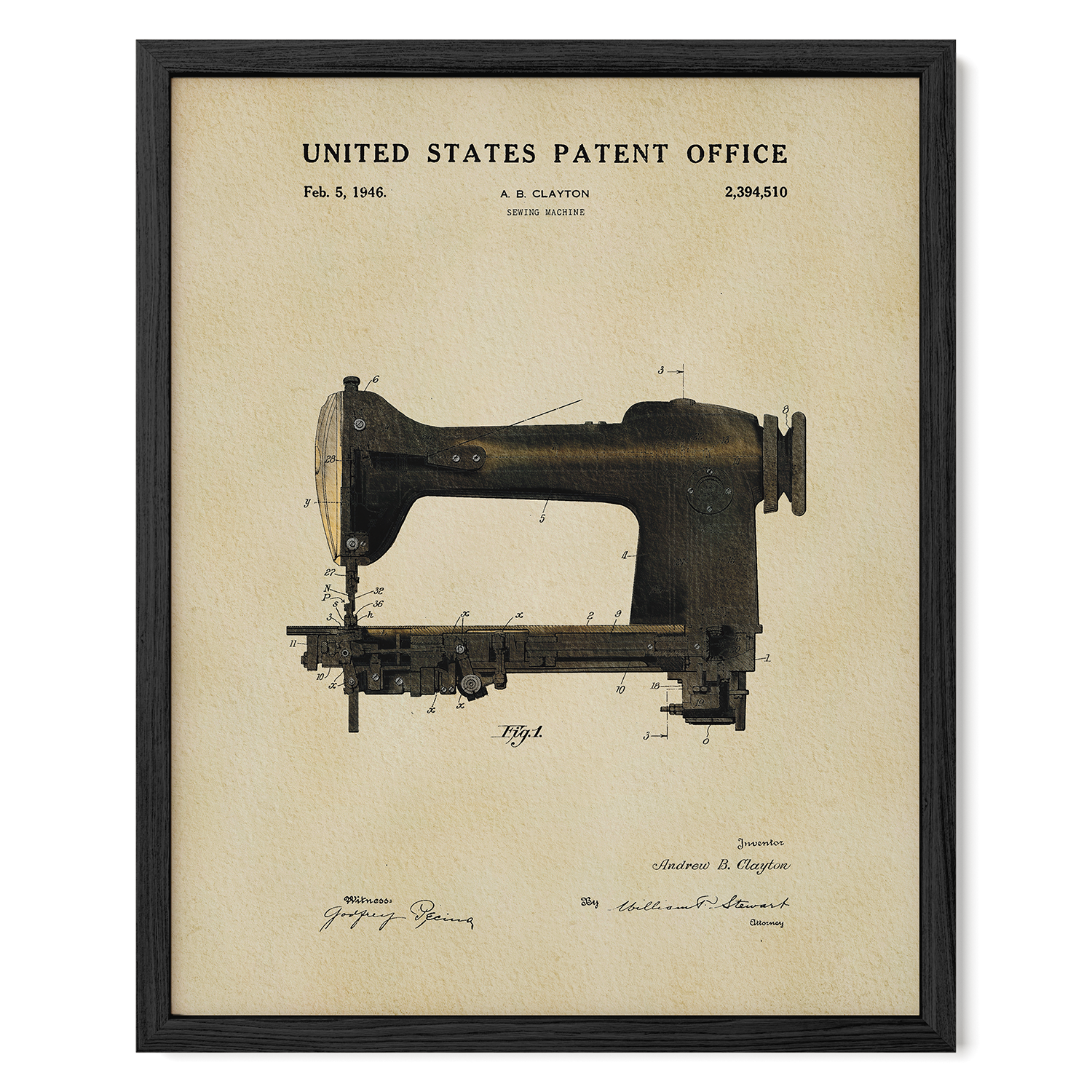 The image is a framed patent drawing of a sewing machine from the United States Patent Office, dated February 5, 1946.