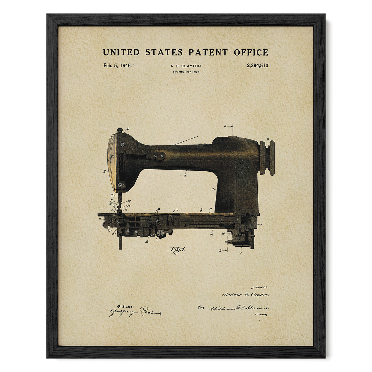 The image is a framed patent drawing of a sewing machine from the United States Patent Office, dated February 5, 1946.