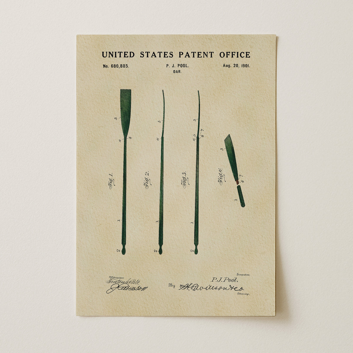 The image is a vintage United States patent drawing depicting a paddle, with the title "United States Patent Office" and the date "Aug. 20, 1901."