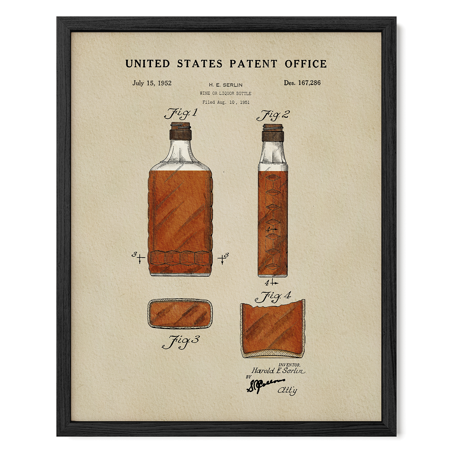 The image is a framed patent drawing depicting a bottle of liquor, with accompanying drawings and text.