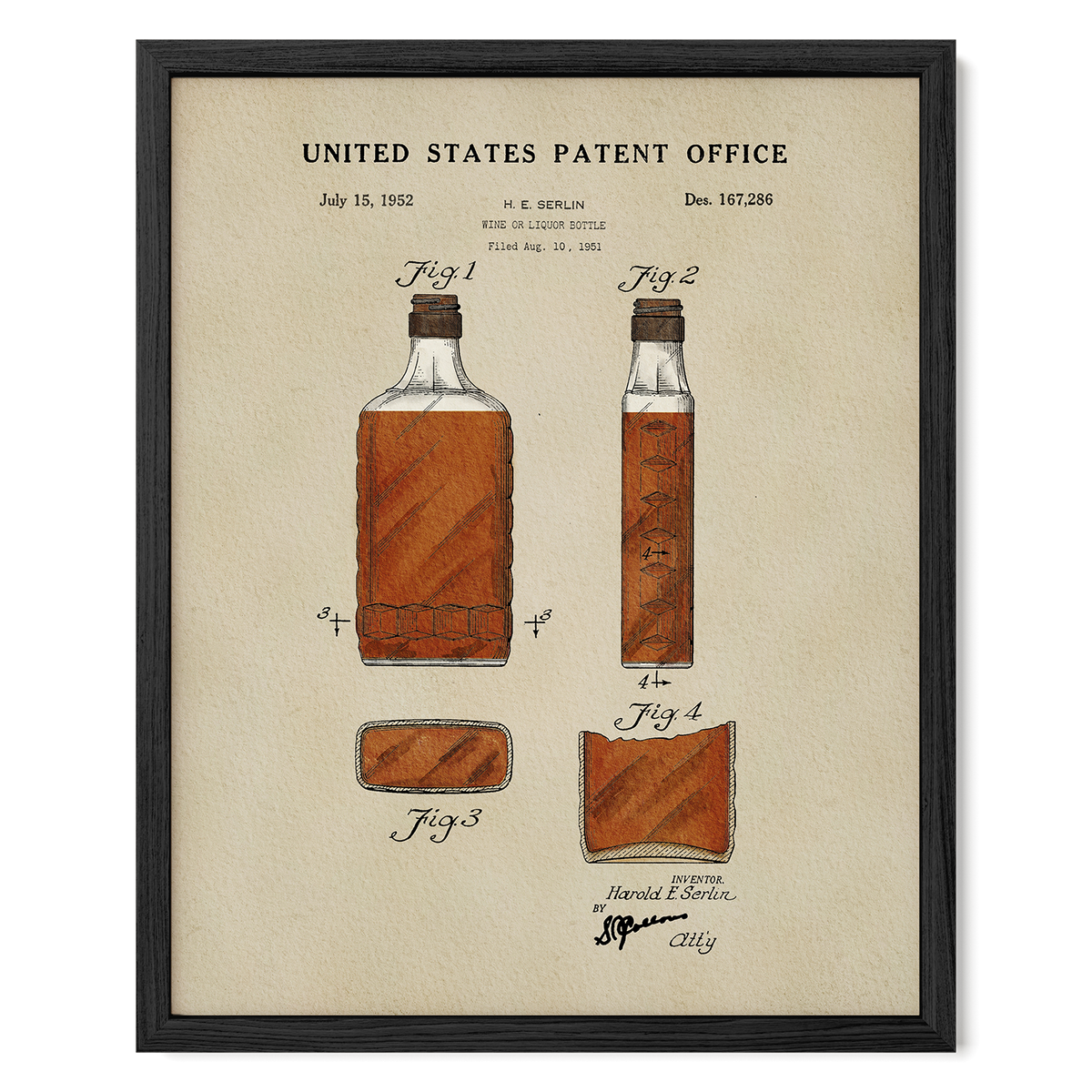 The image is a framed patent drawing depicting a bottle of liquor, with accompanying drawings and text.