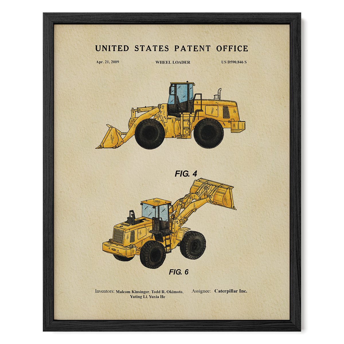 The image is a framed patent drawing of a wheel loader, depicting two different models with detailed illustrations and text.