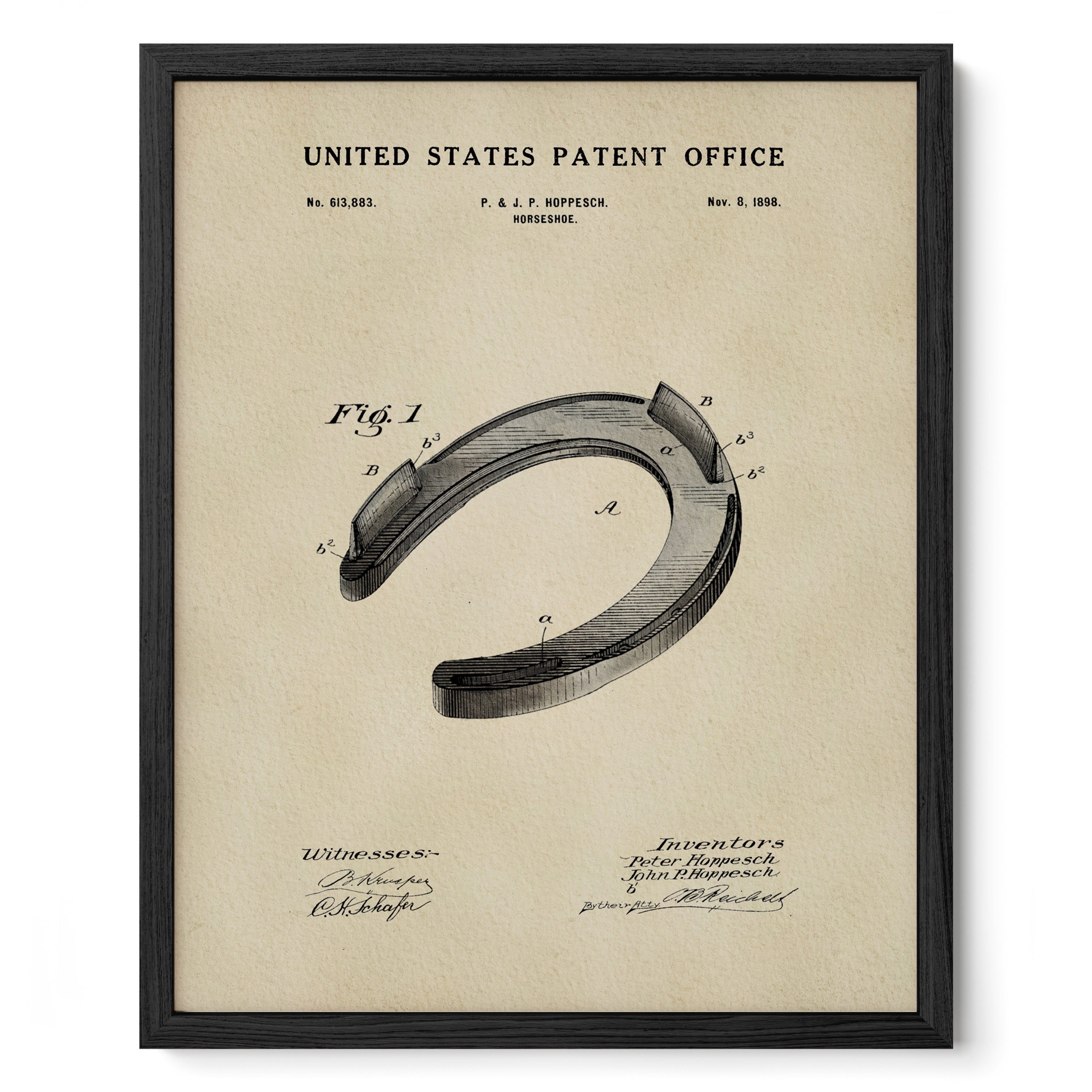 The image is a framed vintage patent drawing of a horseshoe, depicting the design and features of the horseshoe.