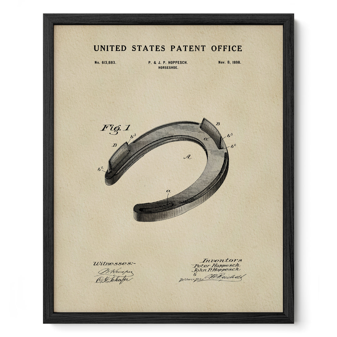 The image is a framed vintage patent drawing of a horseshoe, depicting the design and features of the horseshoe.