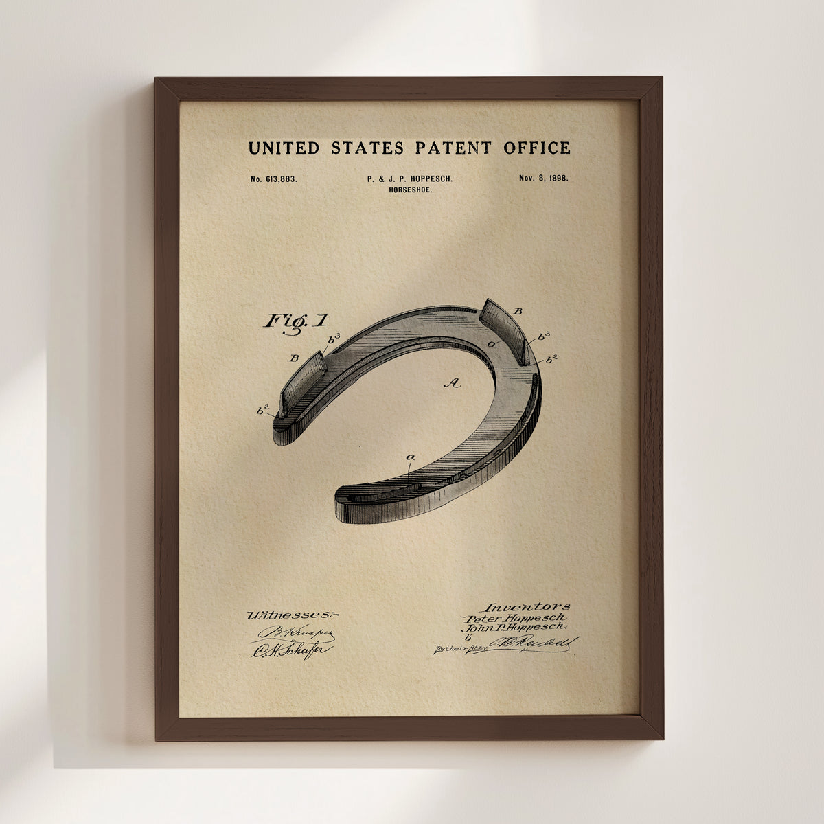 The image is a framed patent drawing of a horseshoe, depicting the design and construction of the horseshoe.