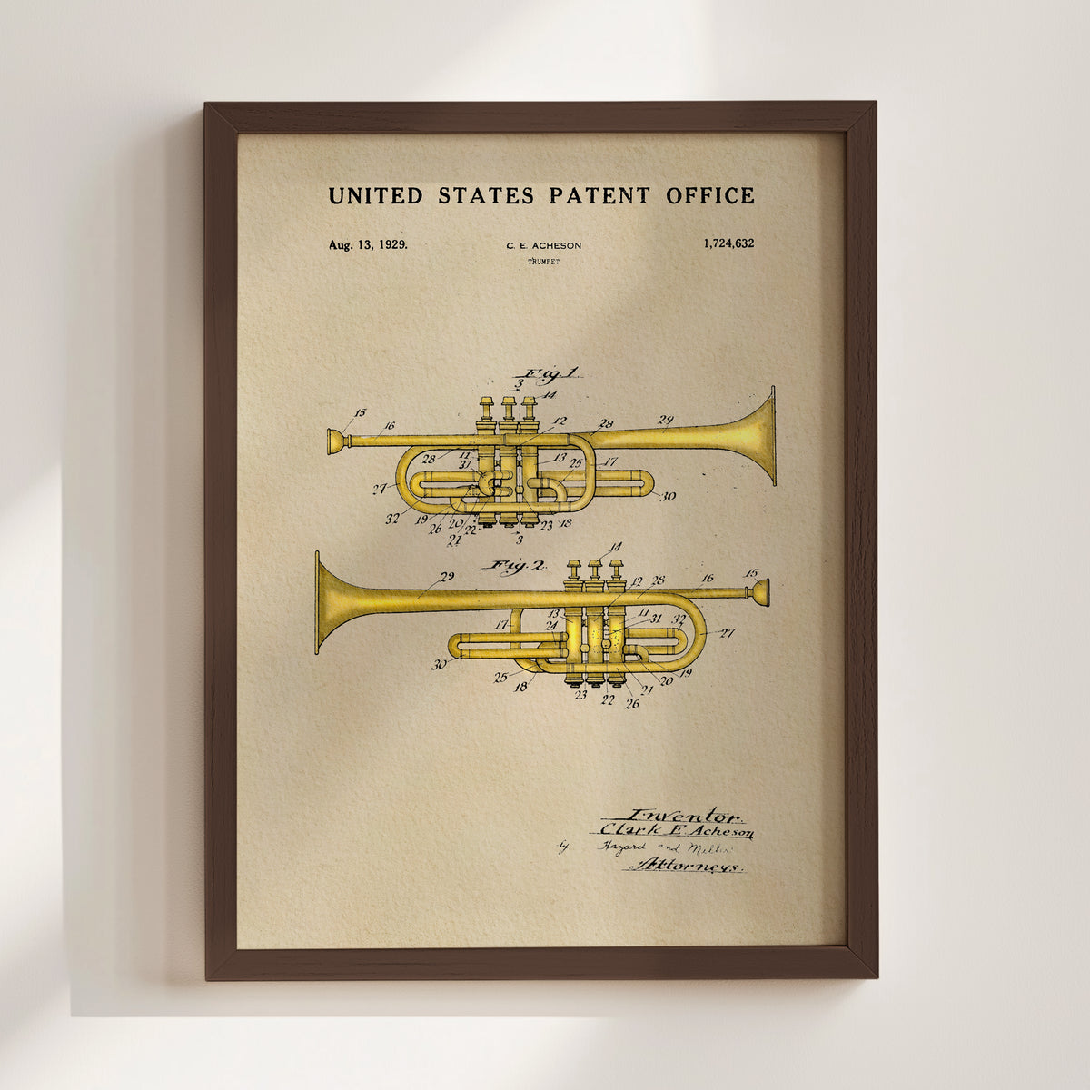 The image is a framed patent drawing of a trumpet, depicting the design and features of the instrument.