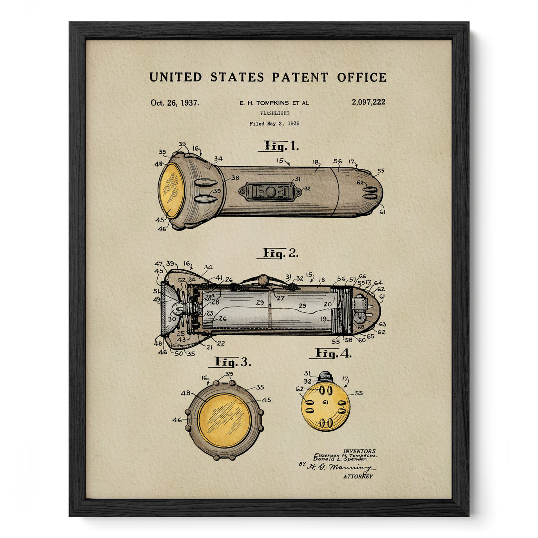 The image is a framed patent drawing from the United States Patent Office, depicting a flashlight from the year 1937.