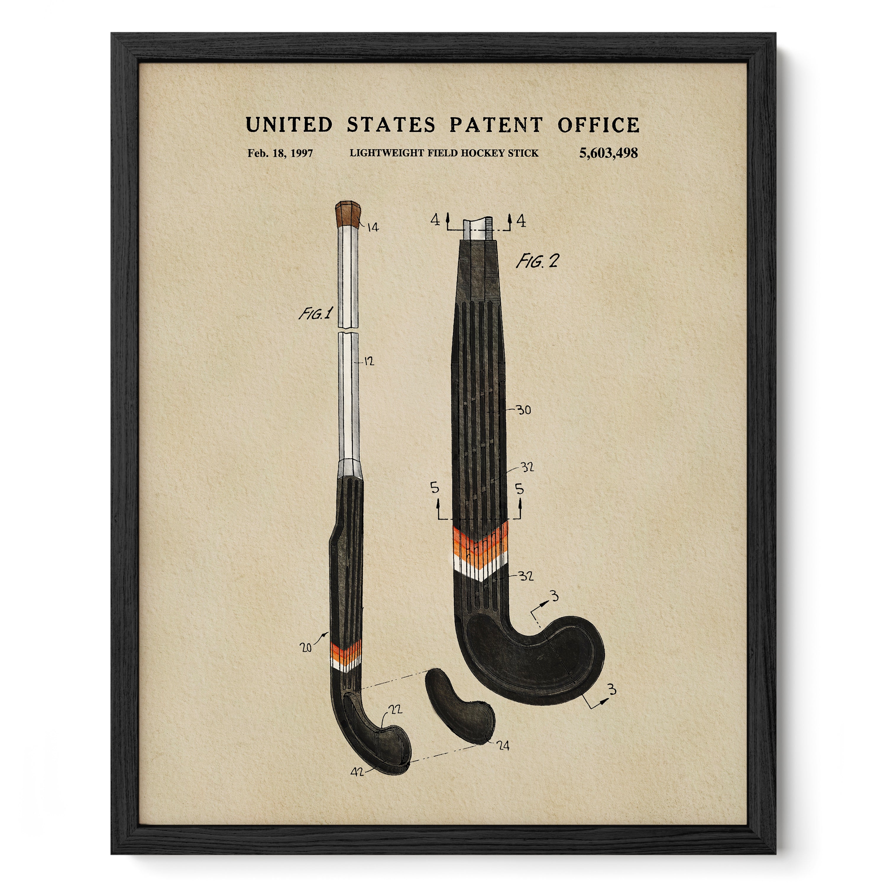 The image is a framed patent drawing depicting a lightweight field hockey stick with detailed technical drawings and measurements.