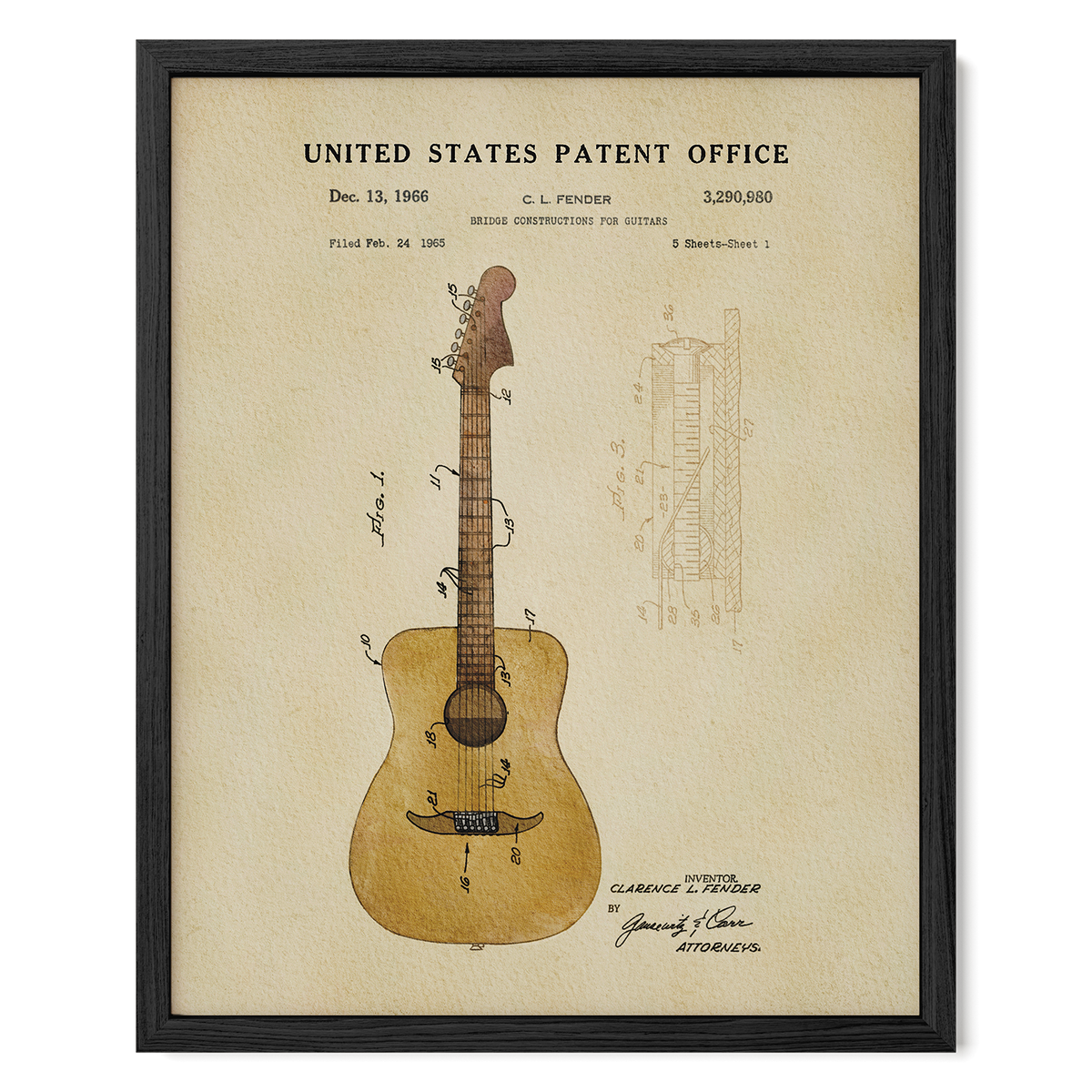 The image is a framed patent drawing of a guitar, depicting the design and construction of the guitar.