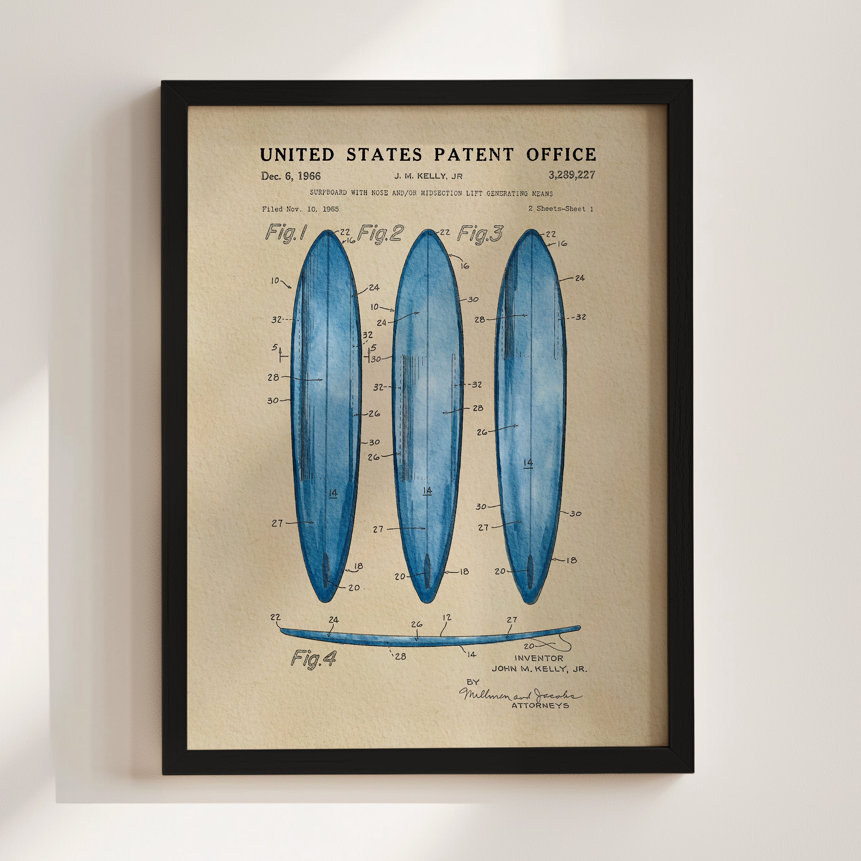 The image is a framed patent drawing depicting three blue surfboards with detailed technical drawings and labels.