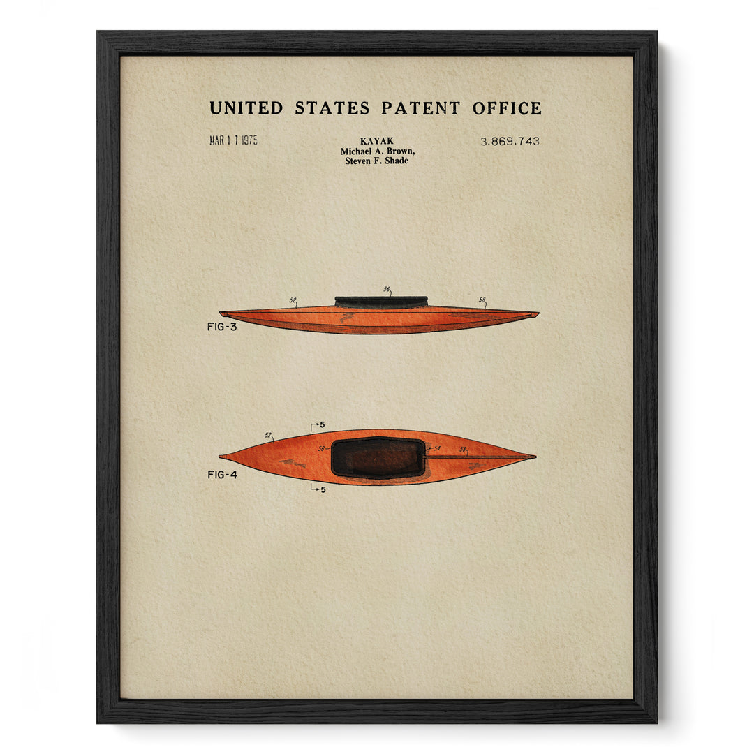 The image is a framed print of a vintage United States patent office patent drawing of a kayak.