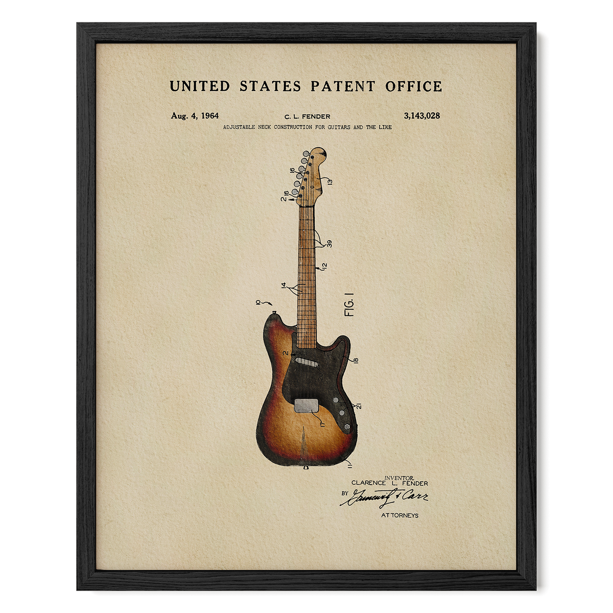 The image is a framed patent drawing of a guitar, depicting the guitar's design and construction.