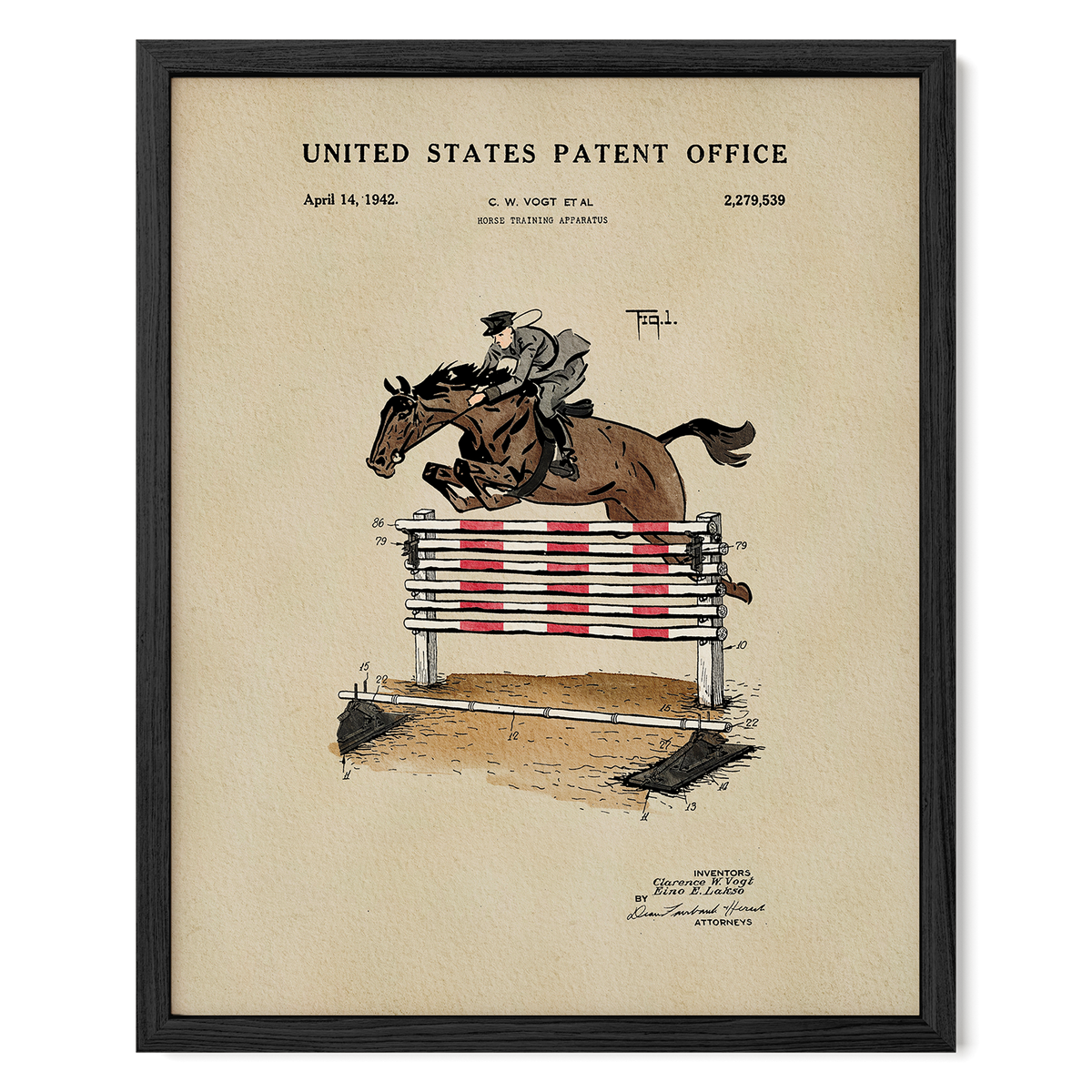 The image is a framed patent drawing depicting a horse and rider jumping over a red and white striped obstacle.