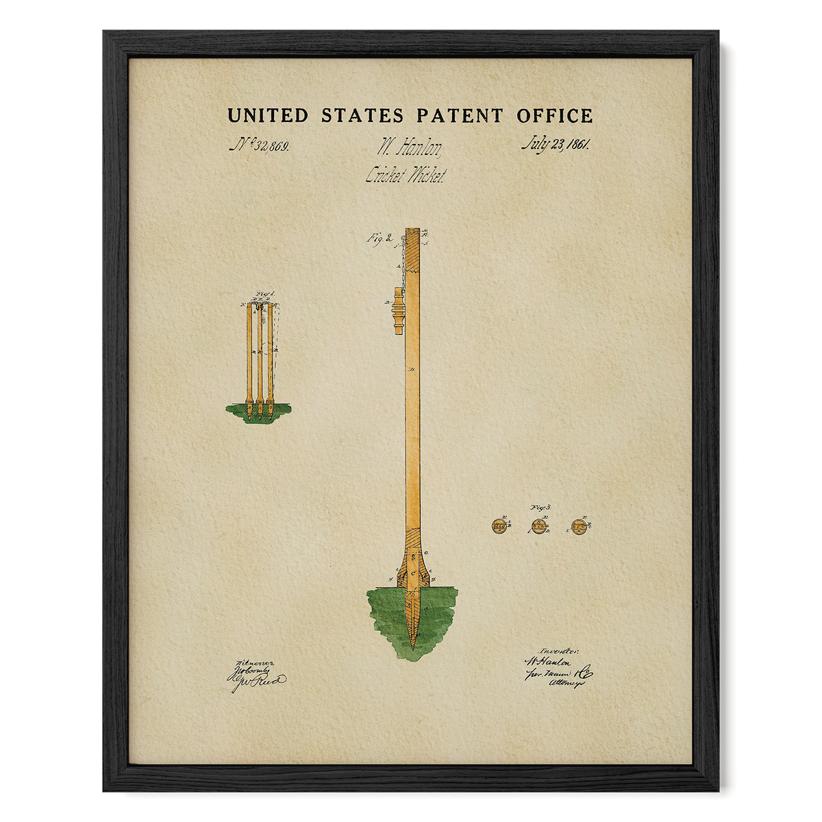 The image is a framed print of a United States patent office document, featuring an illustration of a tall, slender structure with a green base and three smaller structures on the ground.