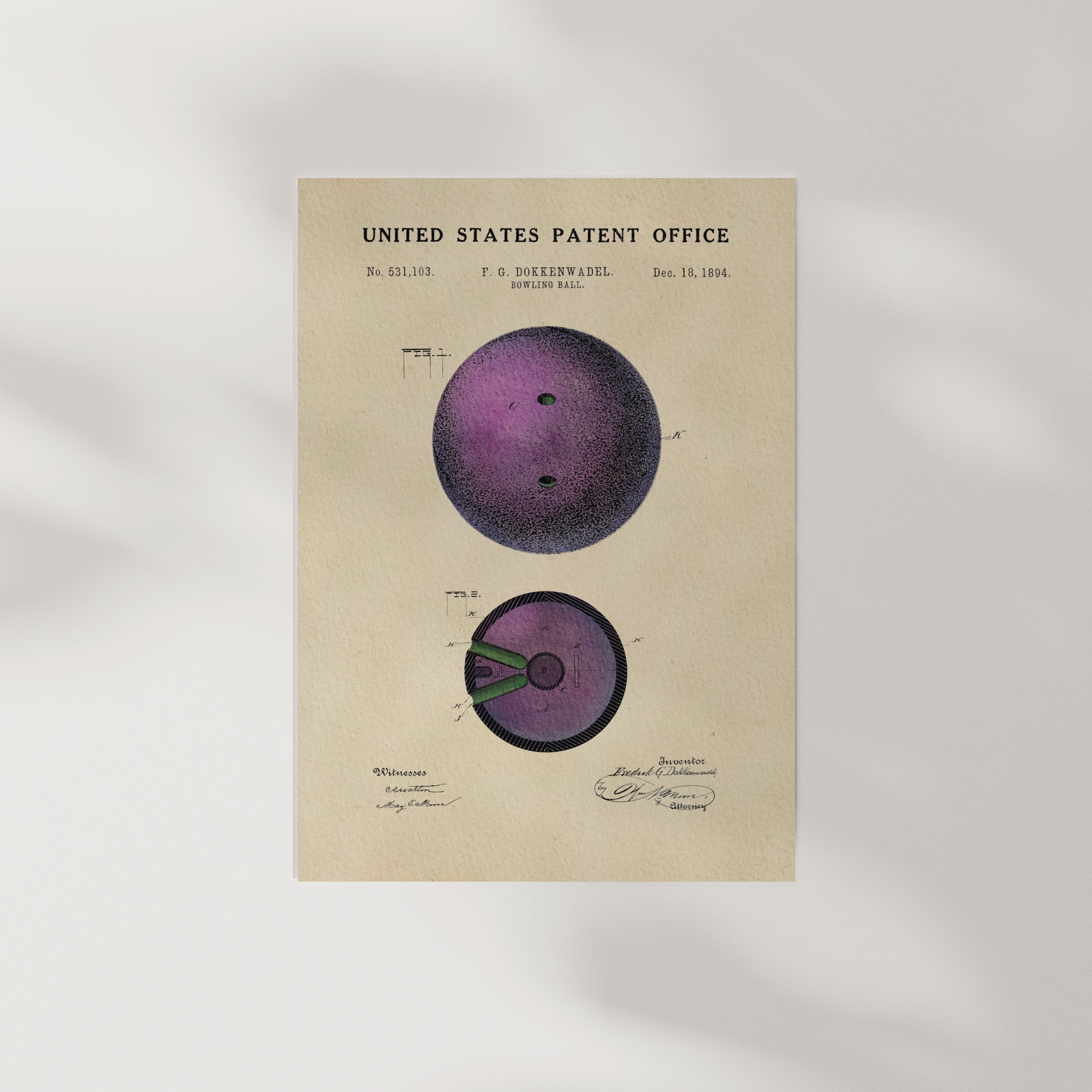 The image is a vintage United States patent office drawing depicting a bowling ball.