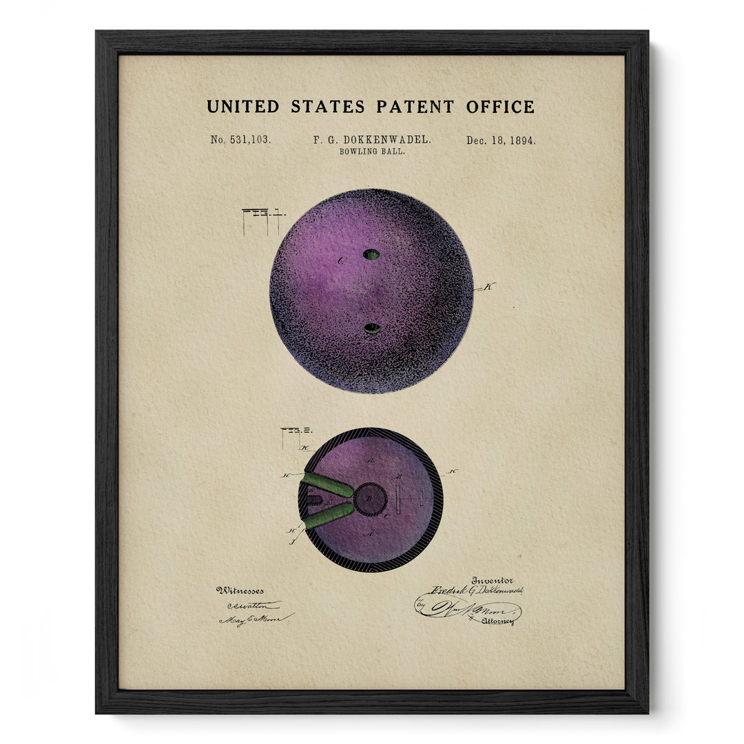 The image is a framed vintage patent drawing of a bowling ball, depicting the design and features of the ball.