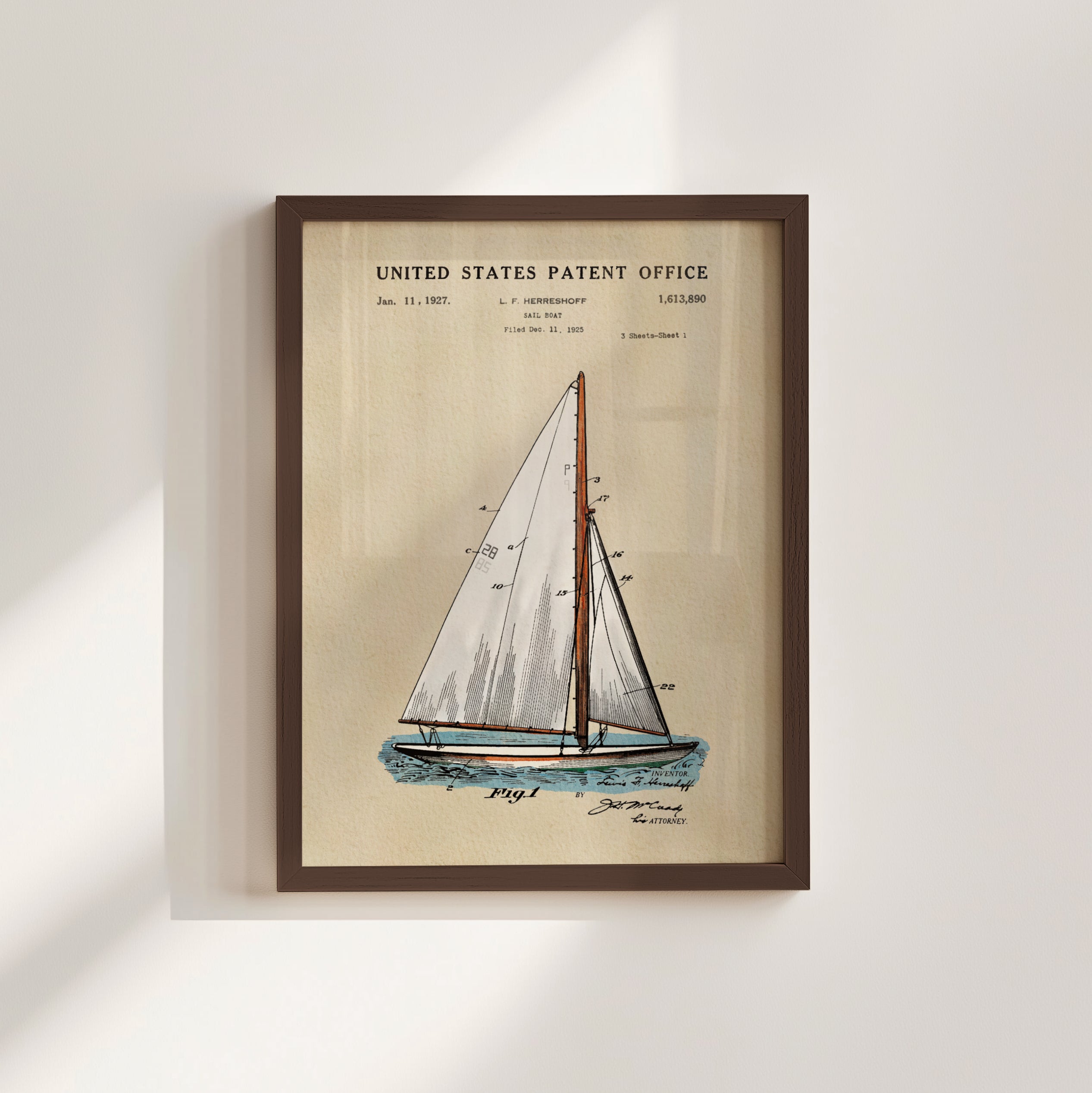 The image is a framed print of a United States patent office patent from January, 1827, featuring a drawing of a sailboat.