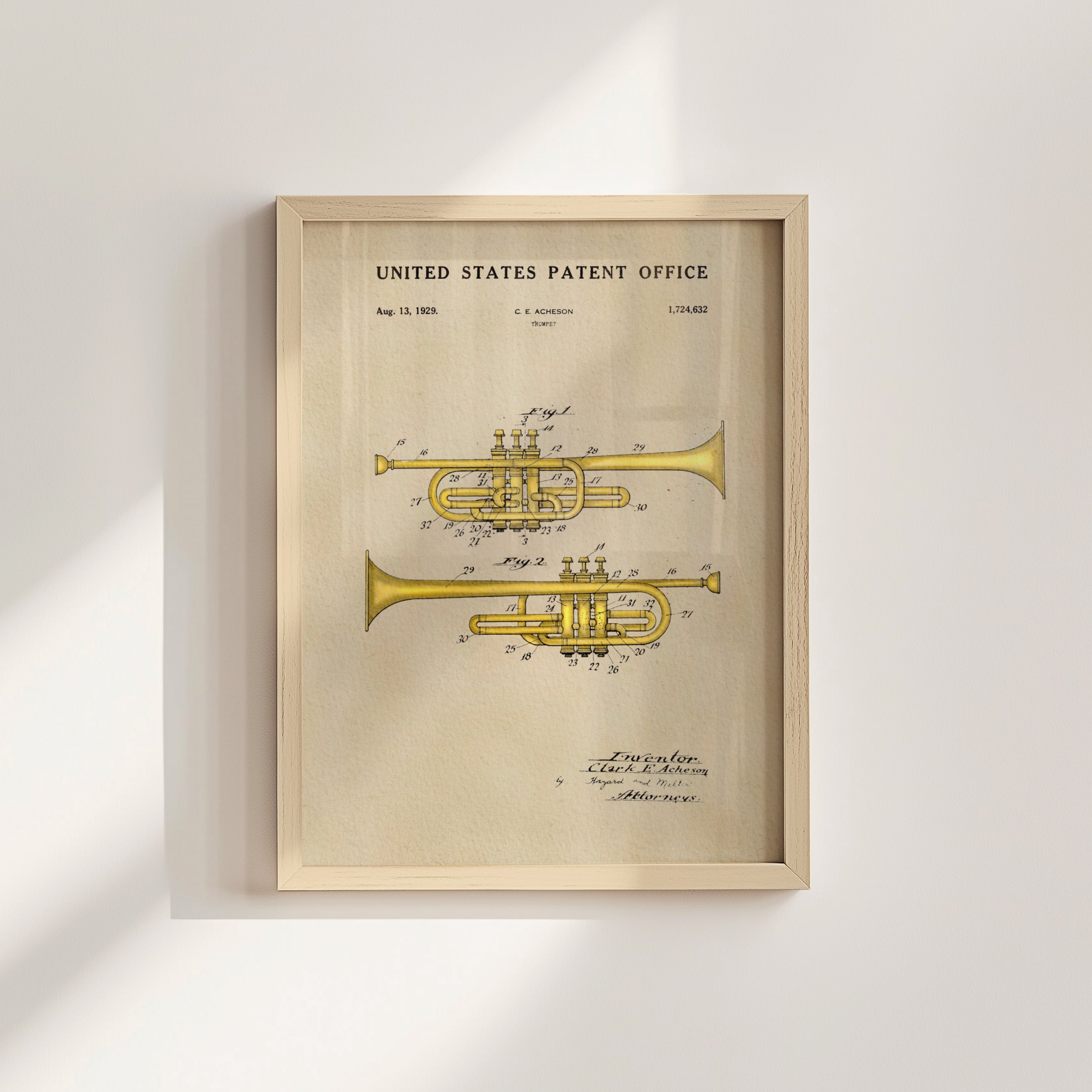 The image is a framed patent drawing of a trumpet, depicting the design and features of the instrument.