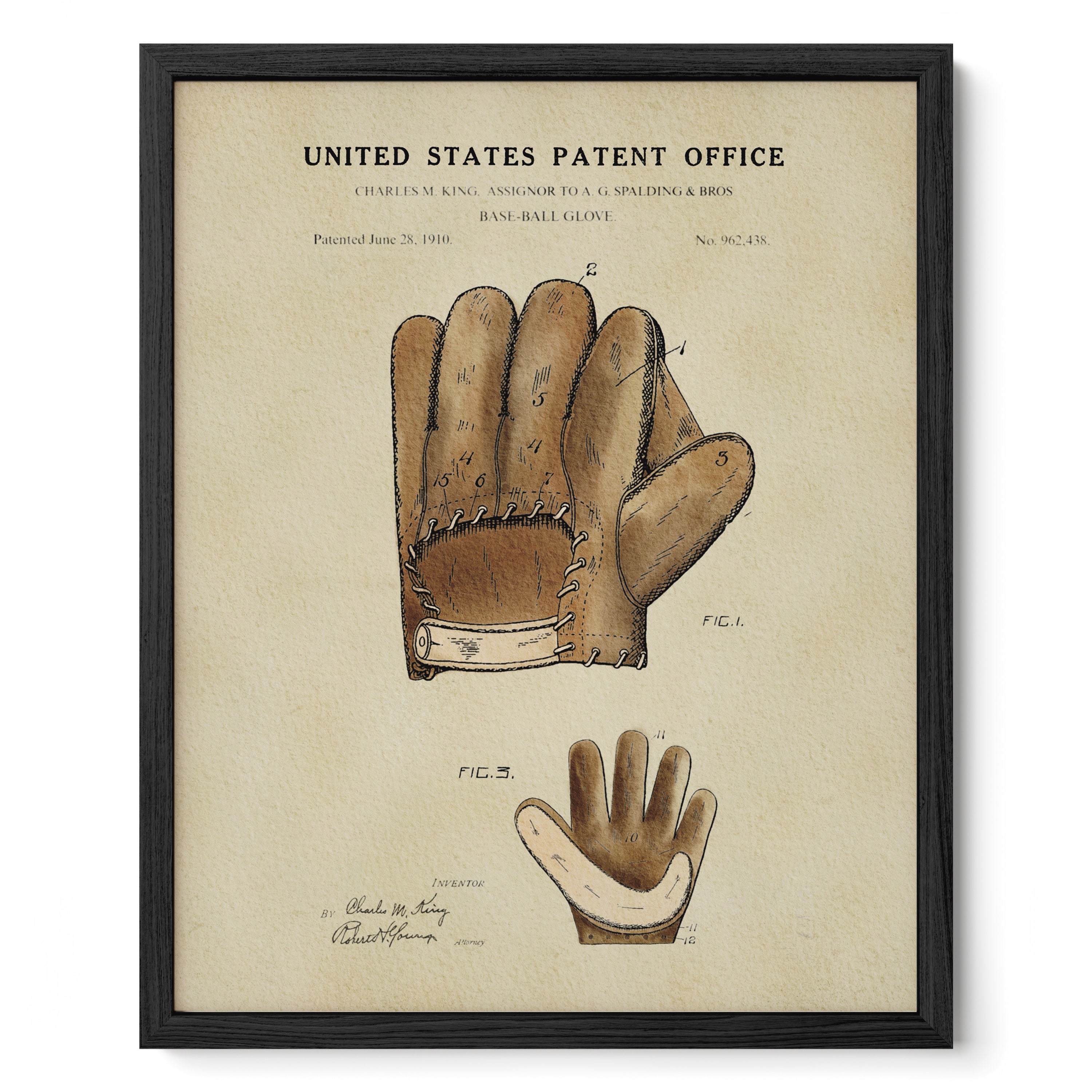 The image is a framed print depicting a baseball glove with an illustration of the glove and its components, including the palm, fingers, and stitching.